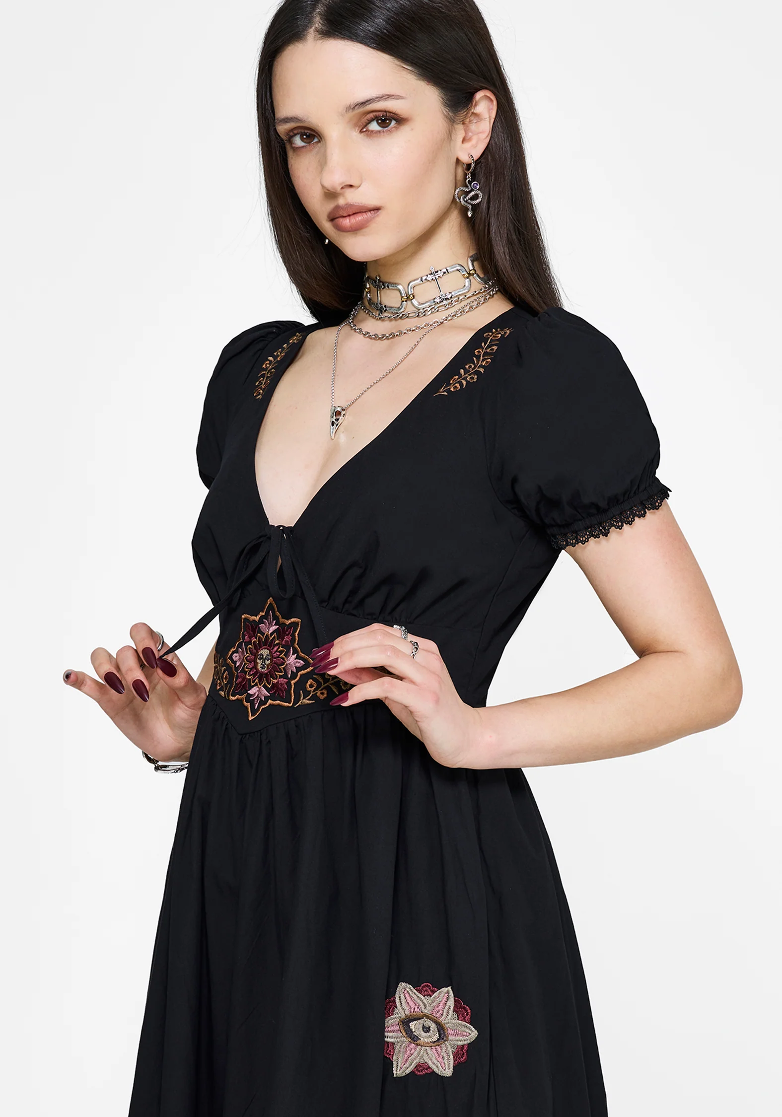 Arianwen Embroidered Puff Sleeve Midaxi Dress - Black - Image 6