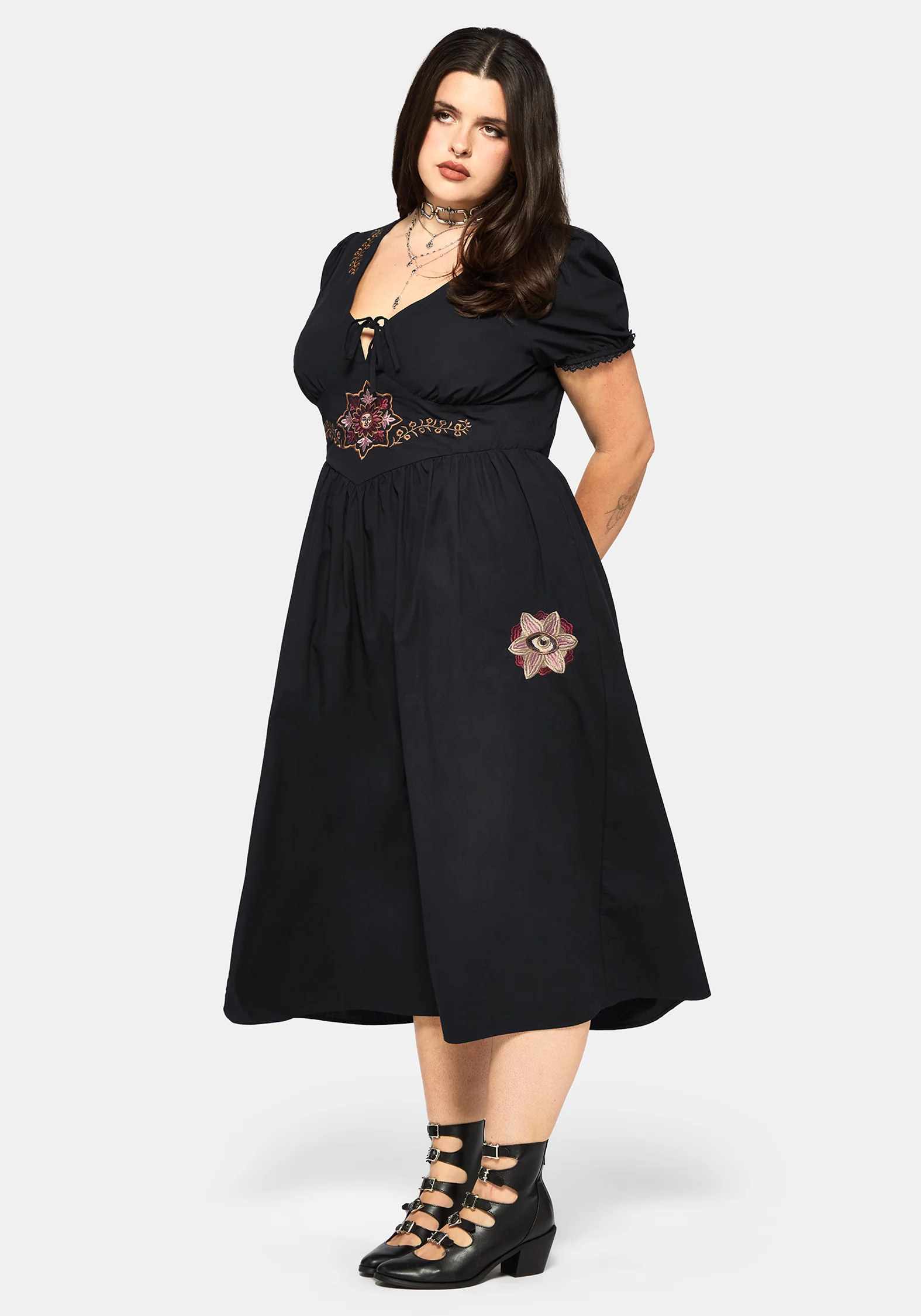 Arianwen Embroidered Puff Sleeve Midaxi Dress - Black - Image 7