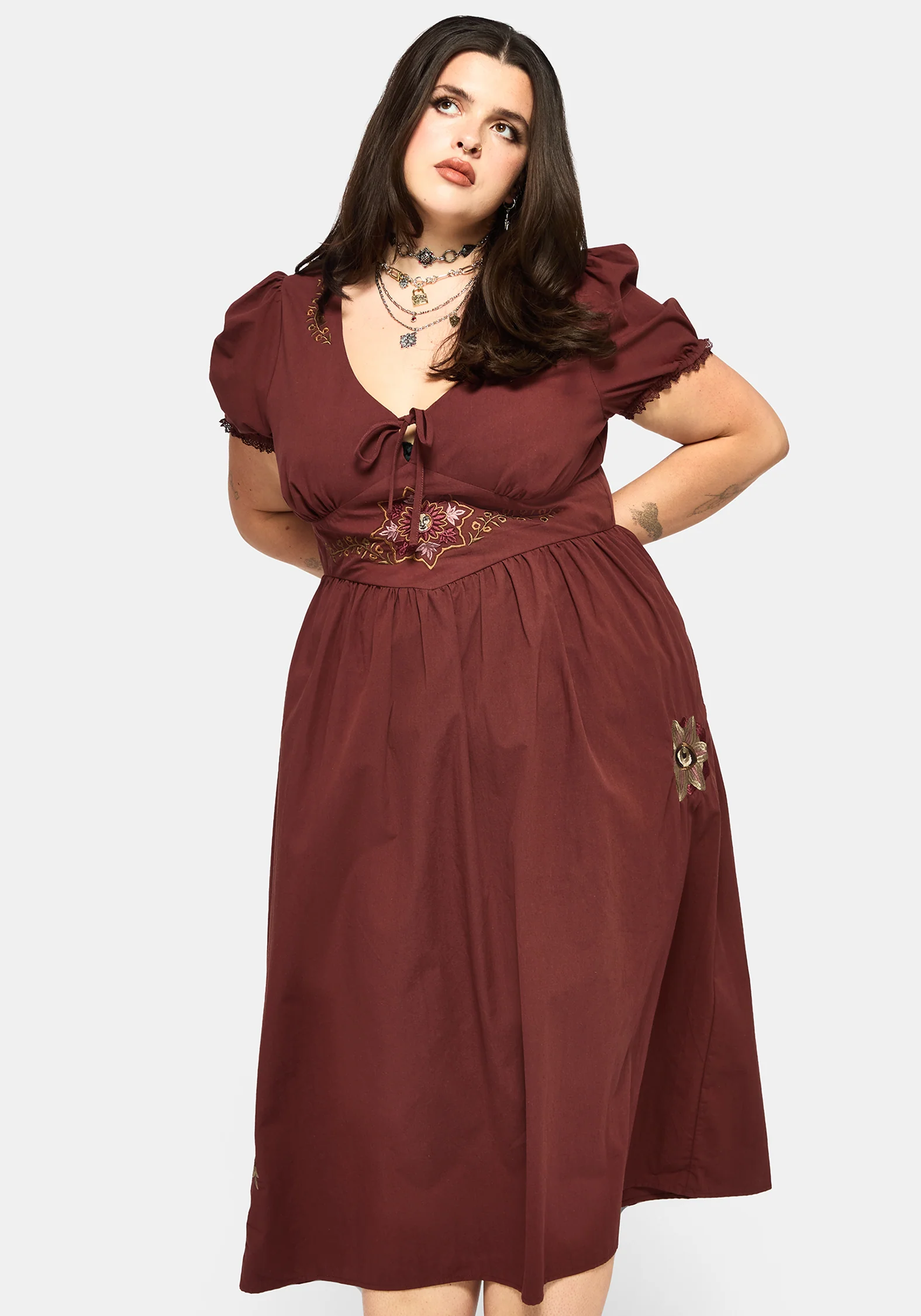 Arianwen Embroidered Puff Sleeve Midaxi Dress - Burgundy - Image 10