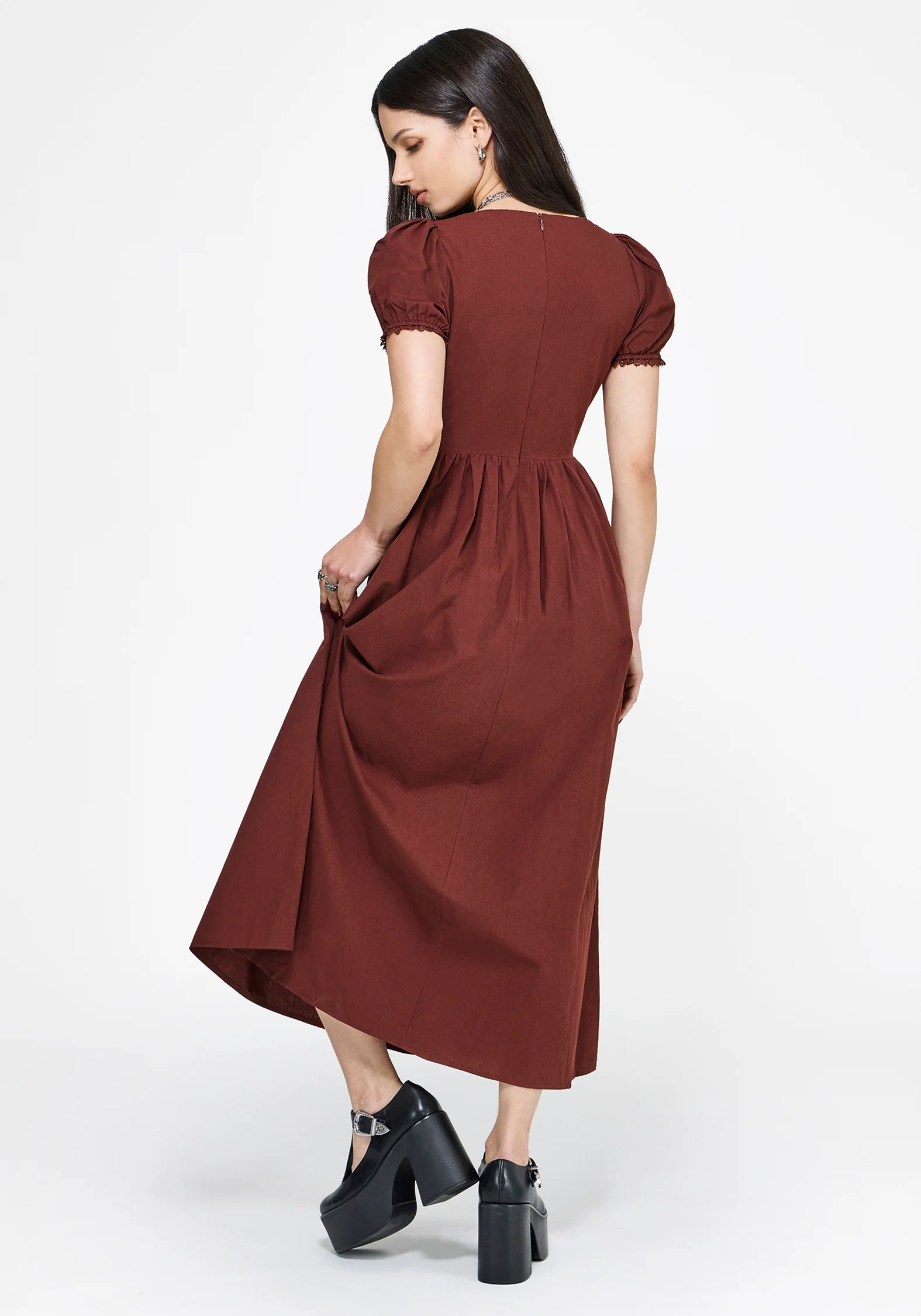 Arianwen Embroidered Puff Sleeve Midaxi Dress - Burgundy - Image 3