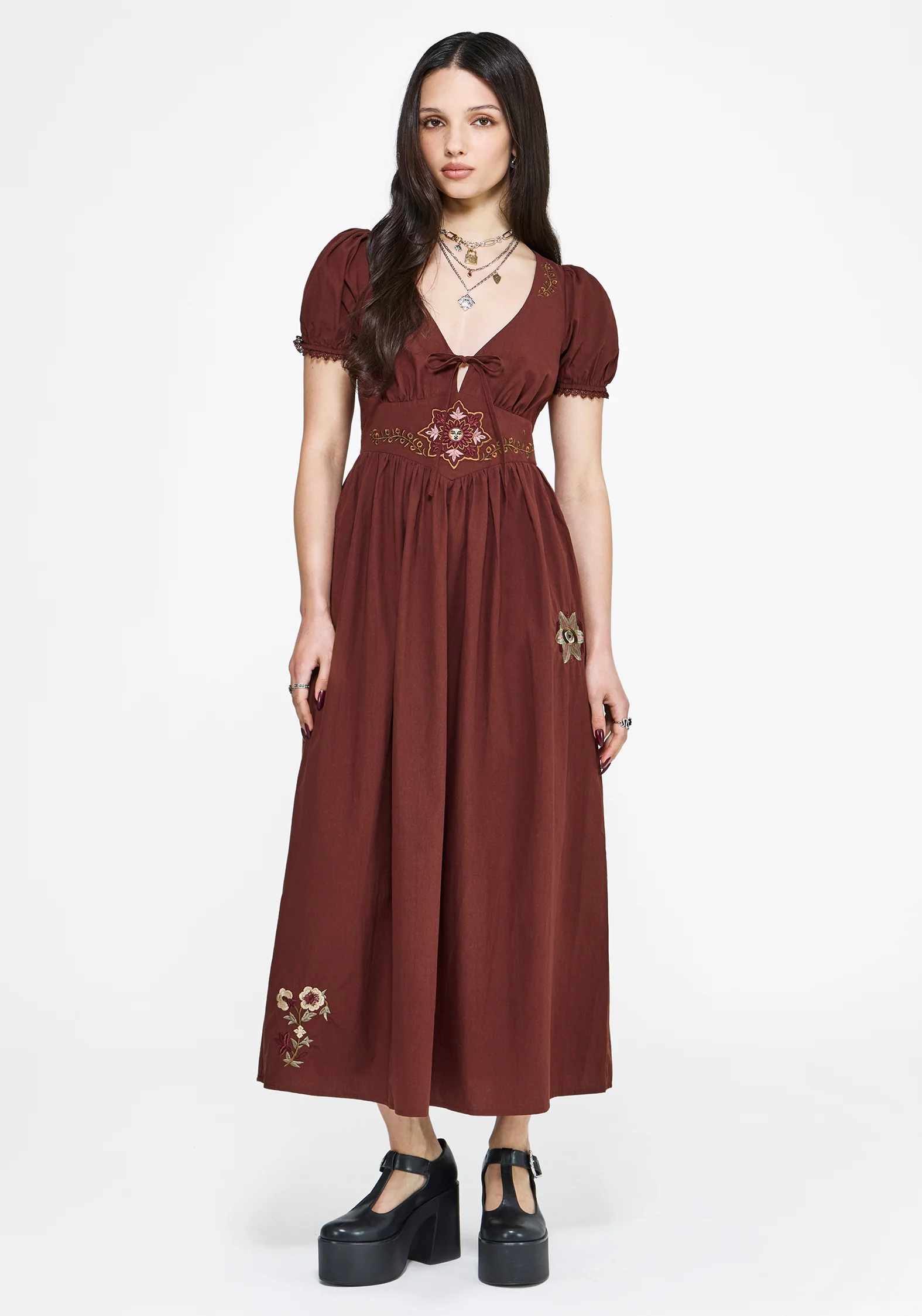 Arianwen Embroidered Puff Sleeve Midaxi Dress - Burgundy - Image 5