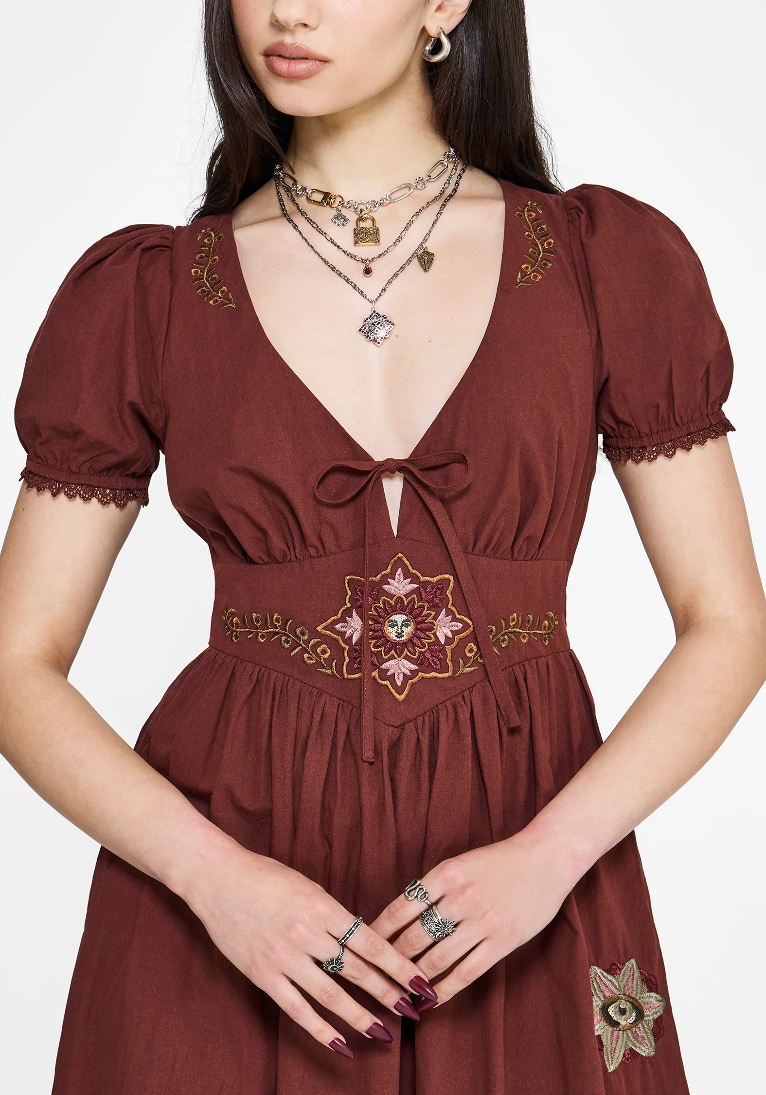 Arianwen Embroidered Puff Sleeve Midaxi Dress - Burgundy - Image 6