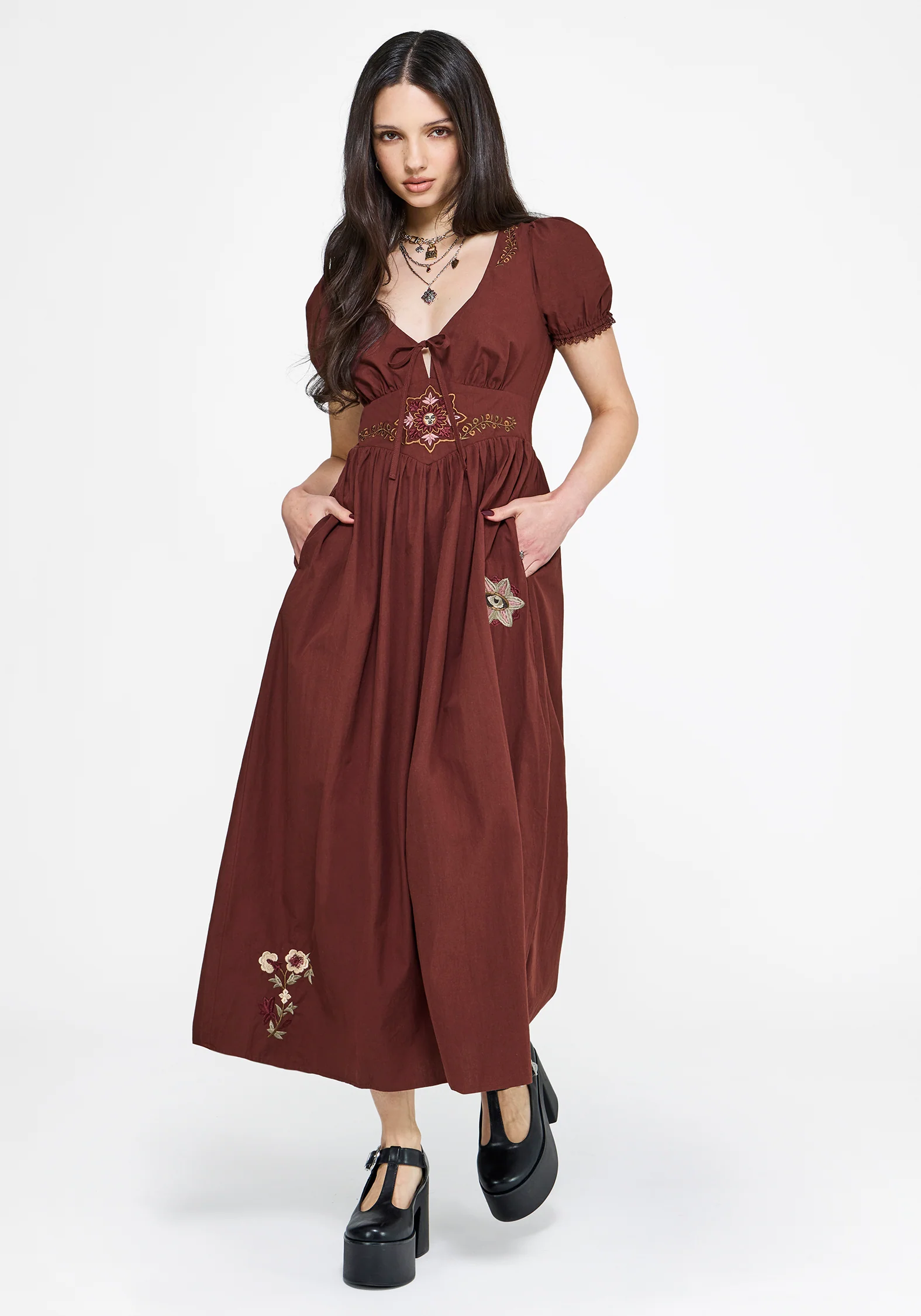 Arianwen Embroidered Puff Sleeve Midaxi Dress - Burgundy - Image 7