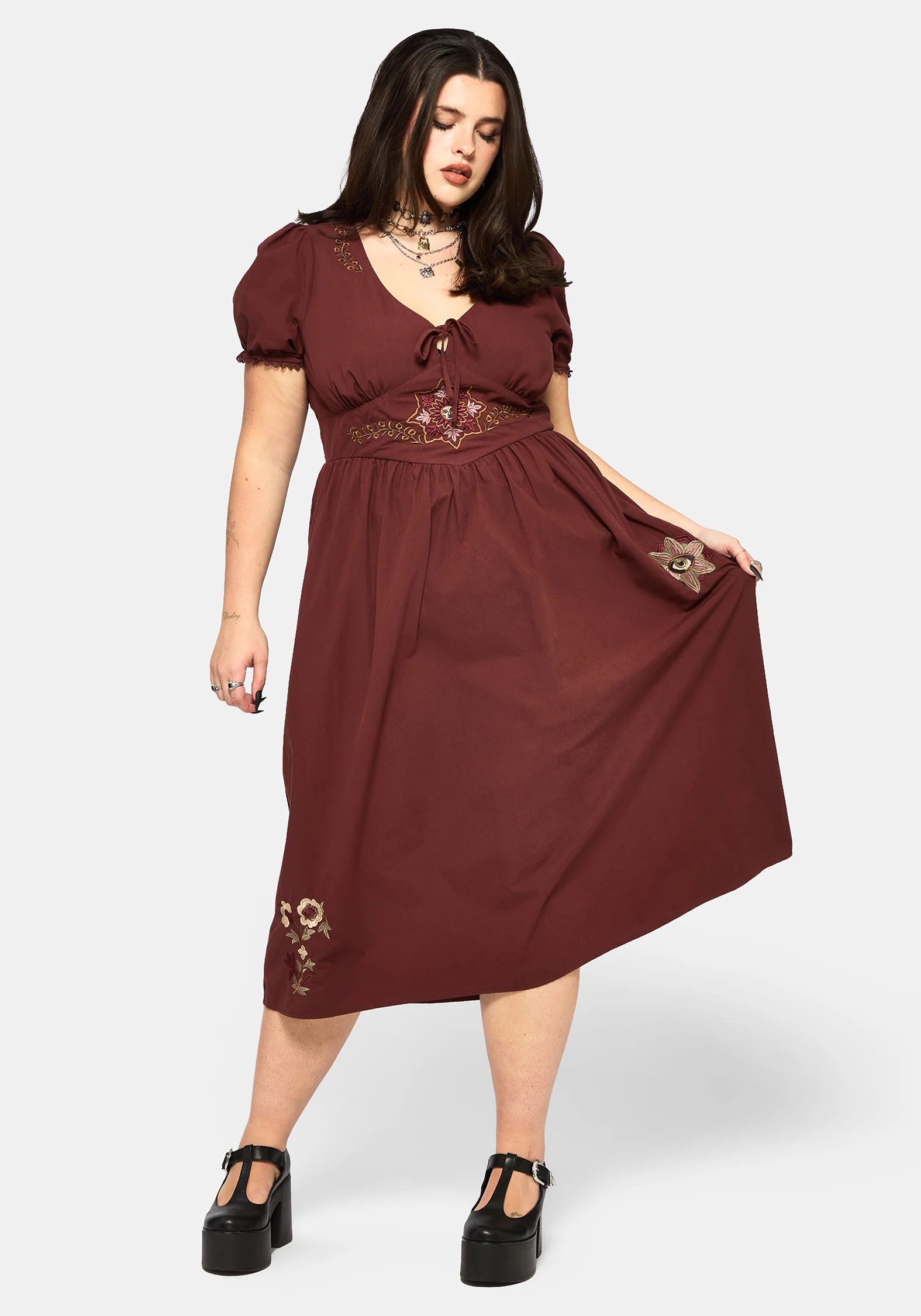 Arianwen Embroidered Puff Sleeve Midaxi Dress - Burgundy - Image 8