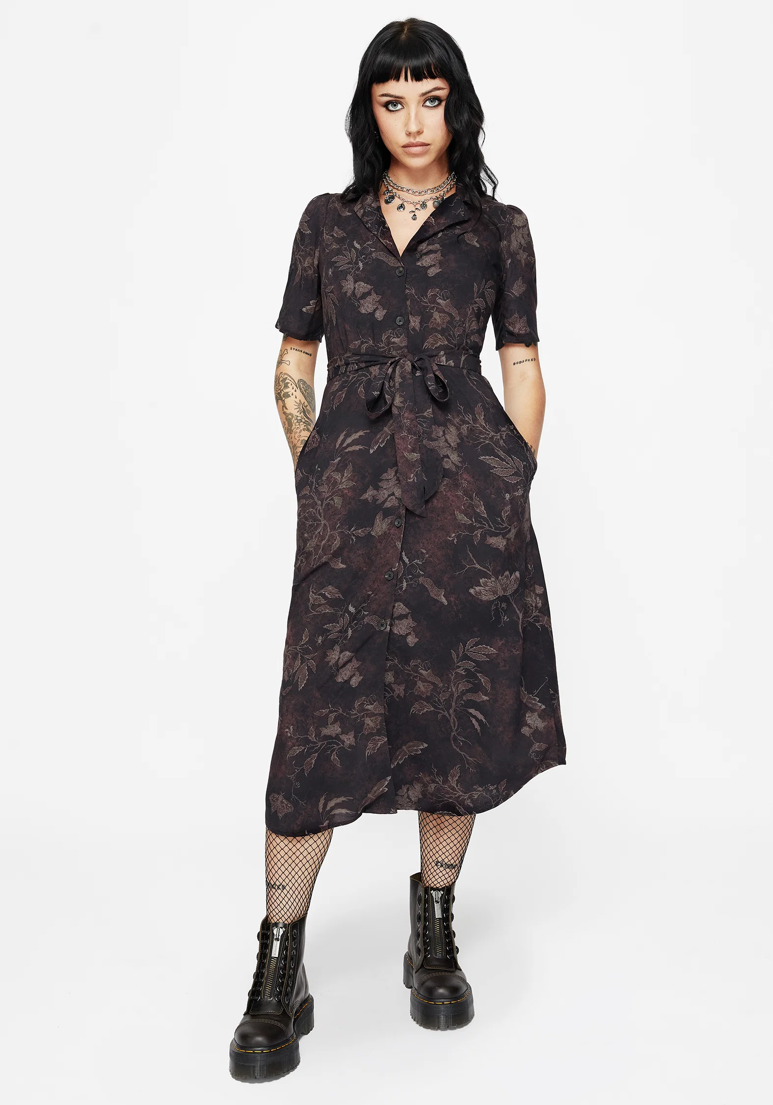 Ashmire Woodland Moth Print Midi Belted Shirt Dress - Image 4
