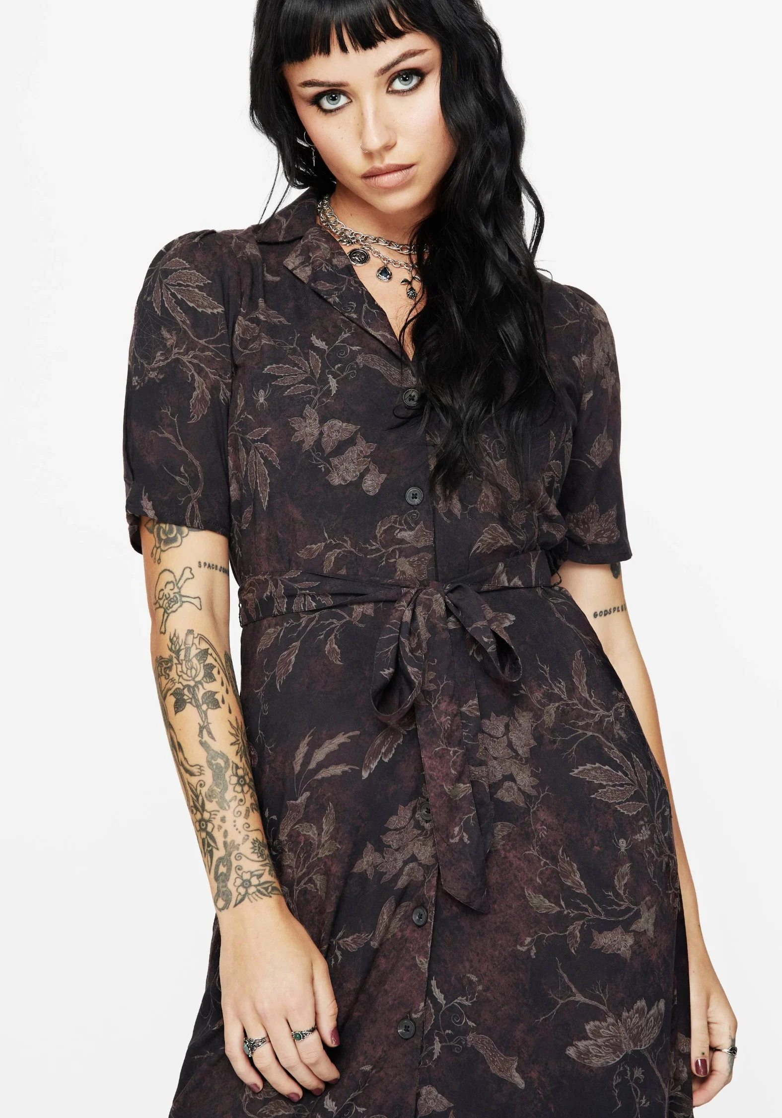Ashmire Woodland Moth Print Midi Belted Shirt Dress - Image 5