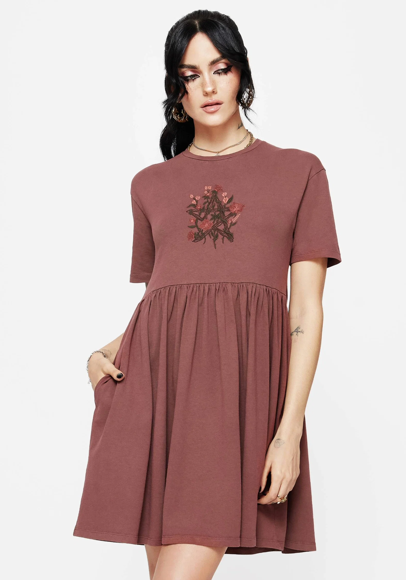 Aster Cotton Pentagram Embroidered Mini Skater Dress - Image 4