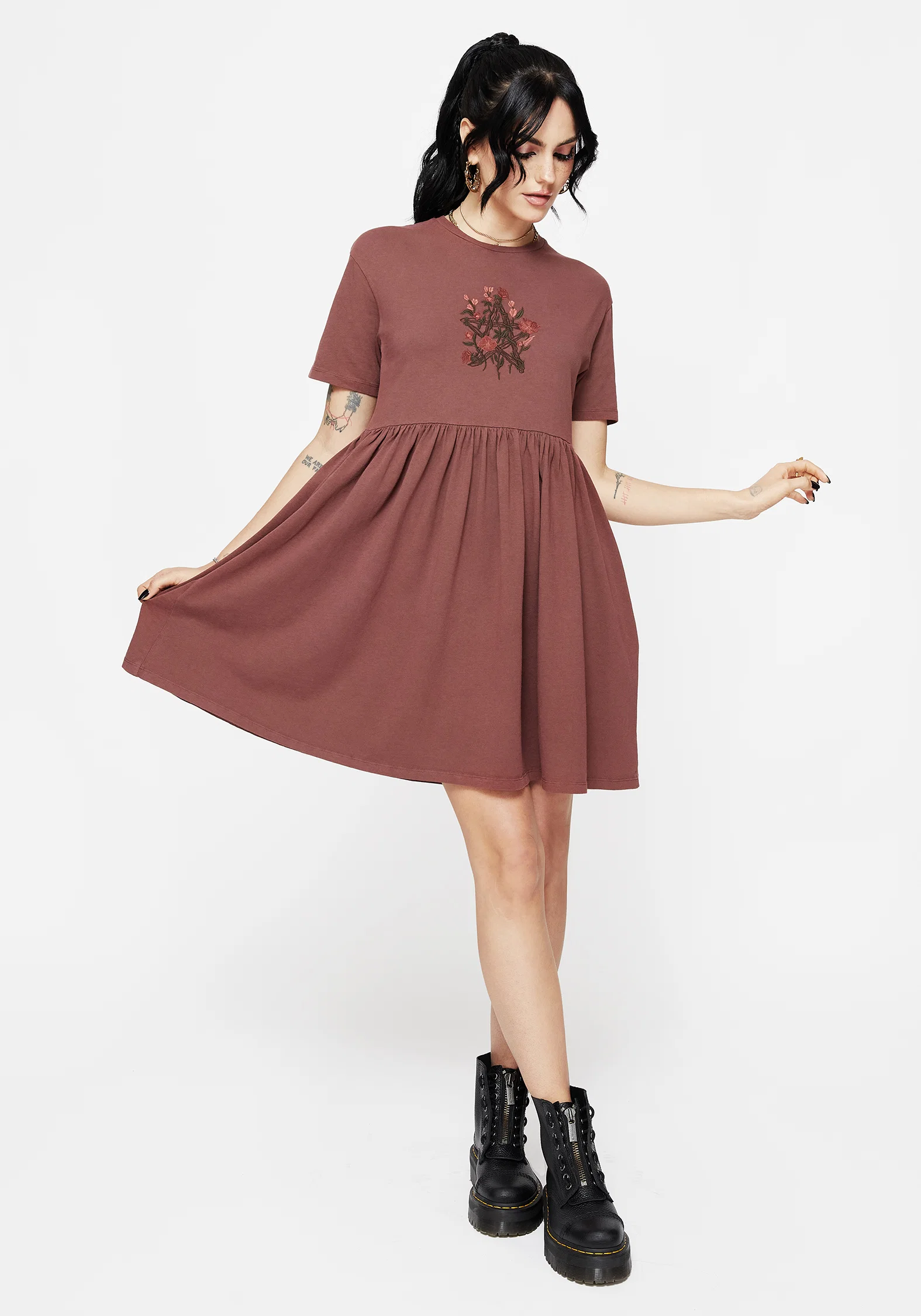Aster Cotton Pentagram Embroidered Mini Skater Dress - Image 5