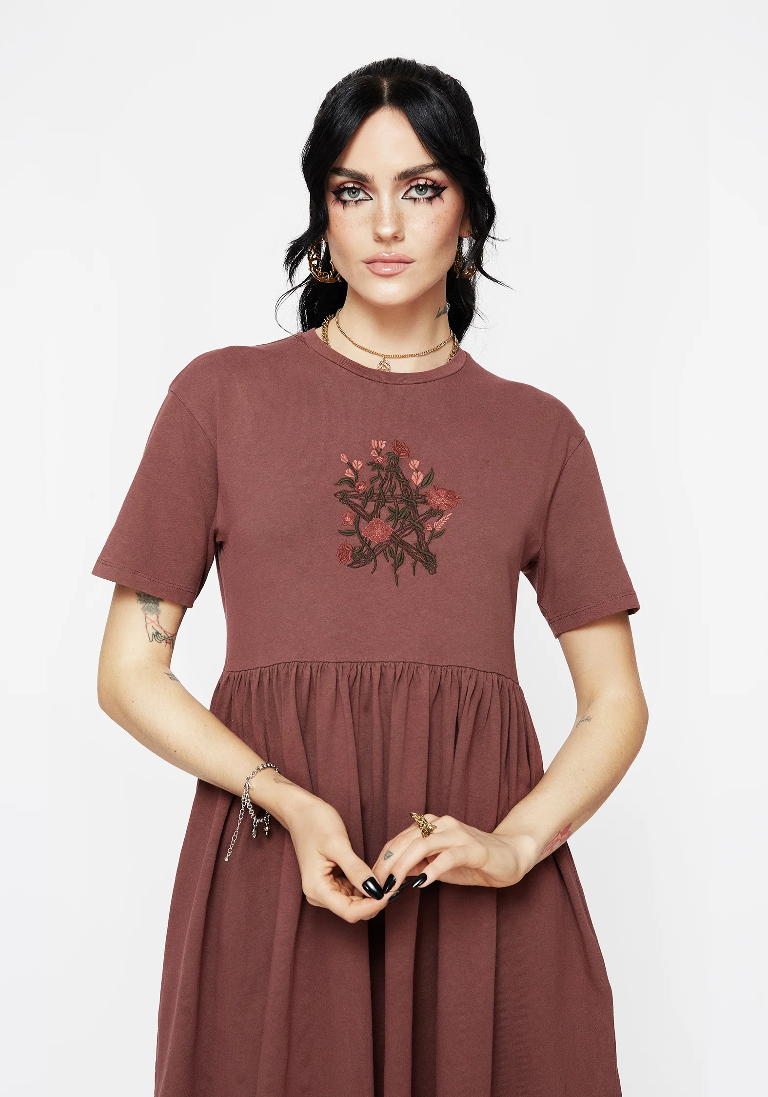 Aster Cotton Pentagram Embroidered Mini Skater Dress - Image 6