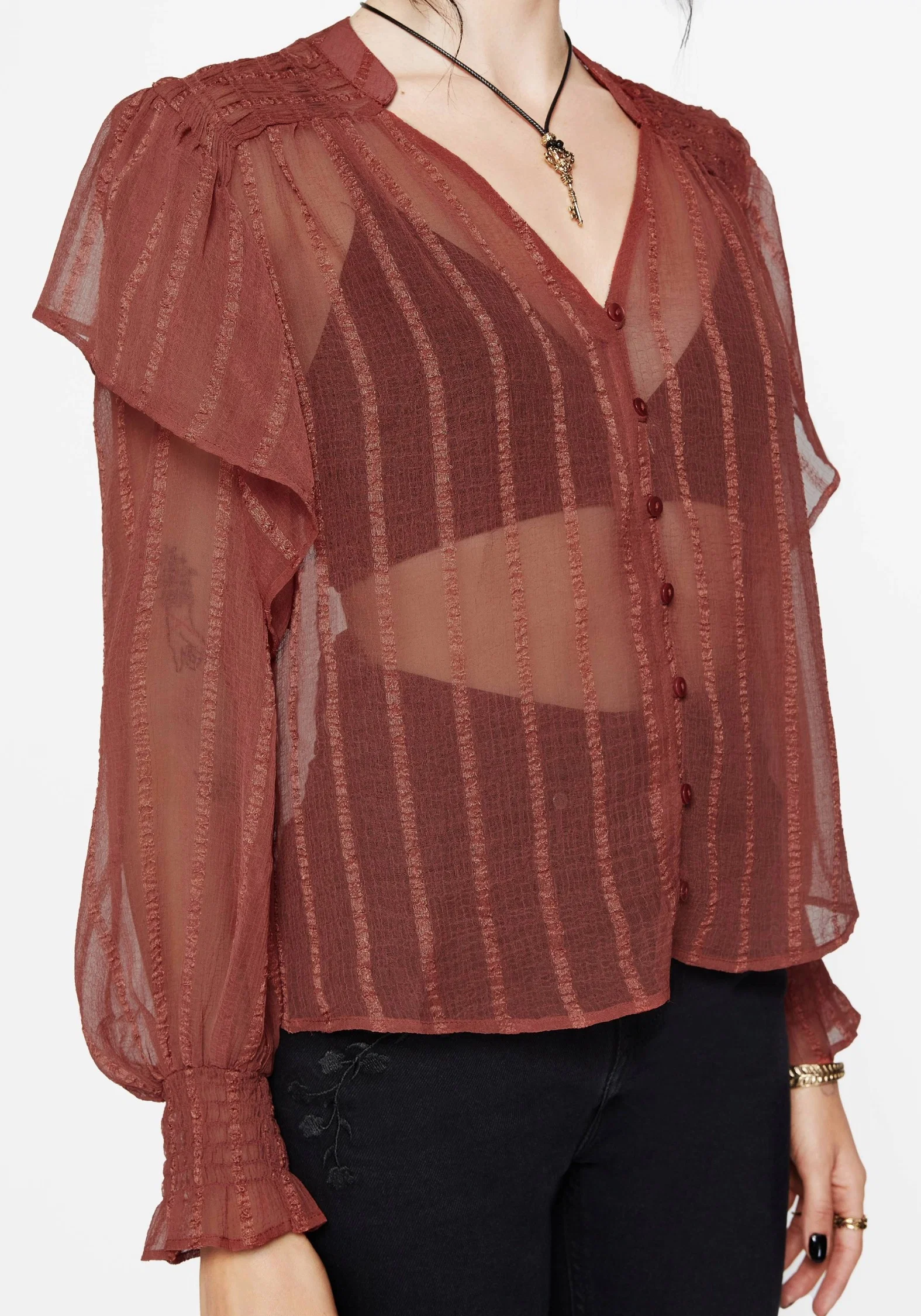 Asteria Sheer Textured Stripe Ruffle Blouse - Image 2