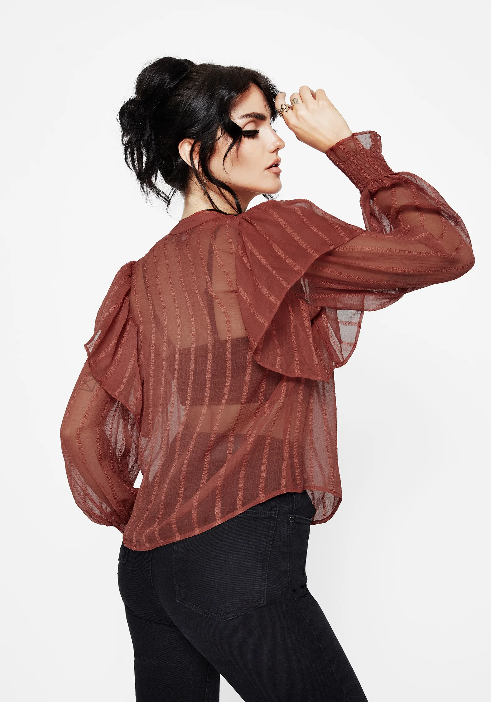Asteria Sheer Textured Stripe Ruffle Blouse - Image 3