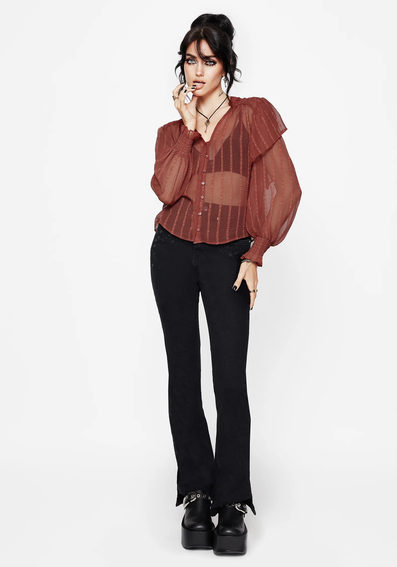 Asteria Sheer Textured Stripe Ruffle Blouse - Image 4