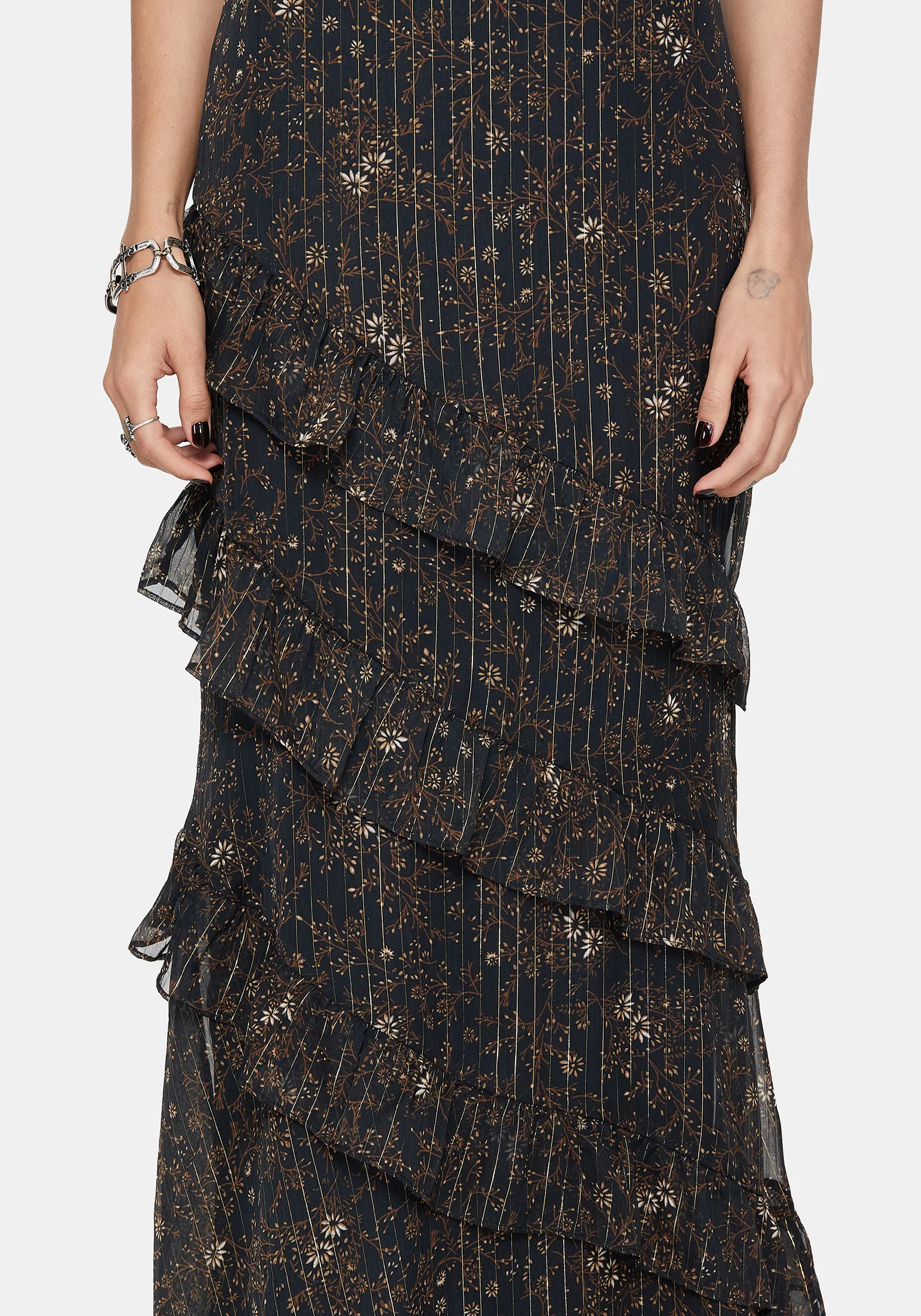Astralis Floral Stripe Asymmetric Ruffle Tiered Maxi Skirt - Image 2