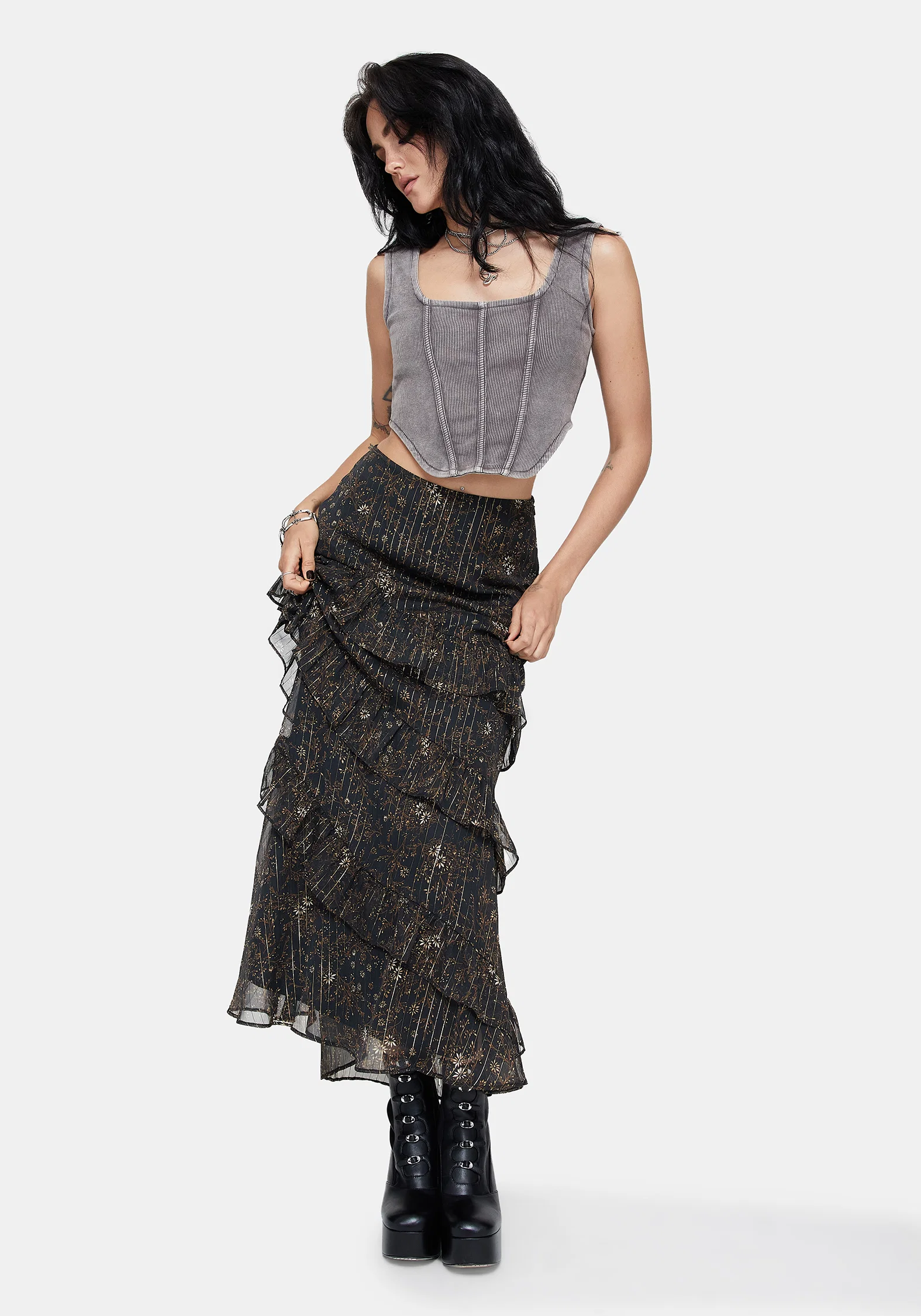 Astralis Floral Stripe Asymmetric Ruffle Tiered Maxi Skirt - Image 5