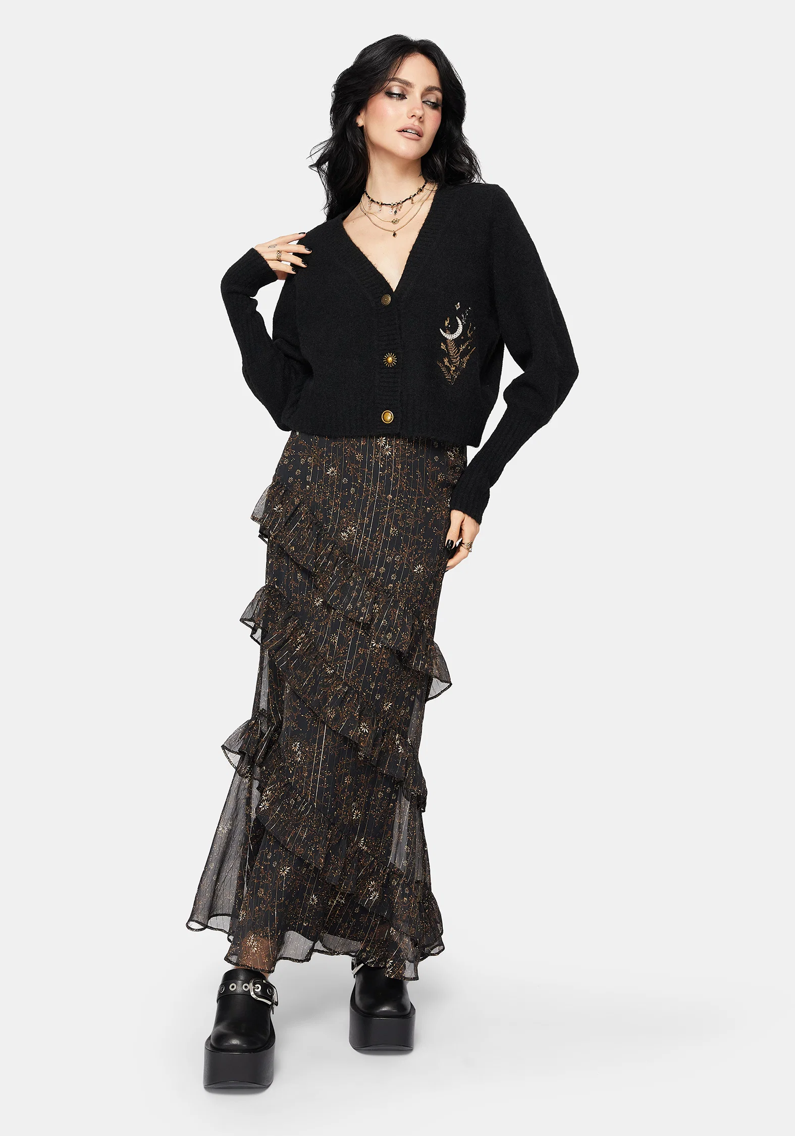 Astralis Floral Stripe Asymmetric Ruffle Tiered Maxi Skirt - Image 7