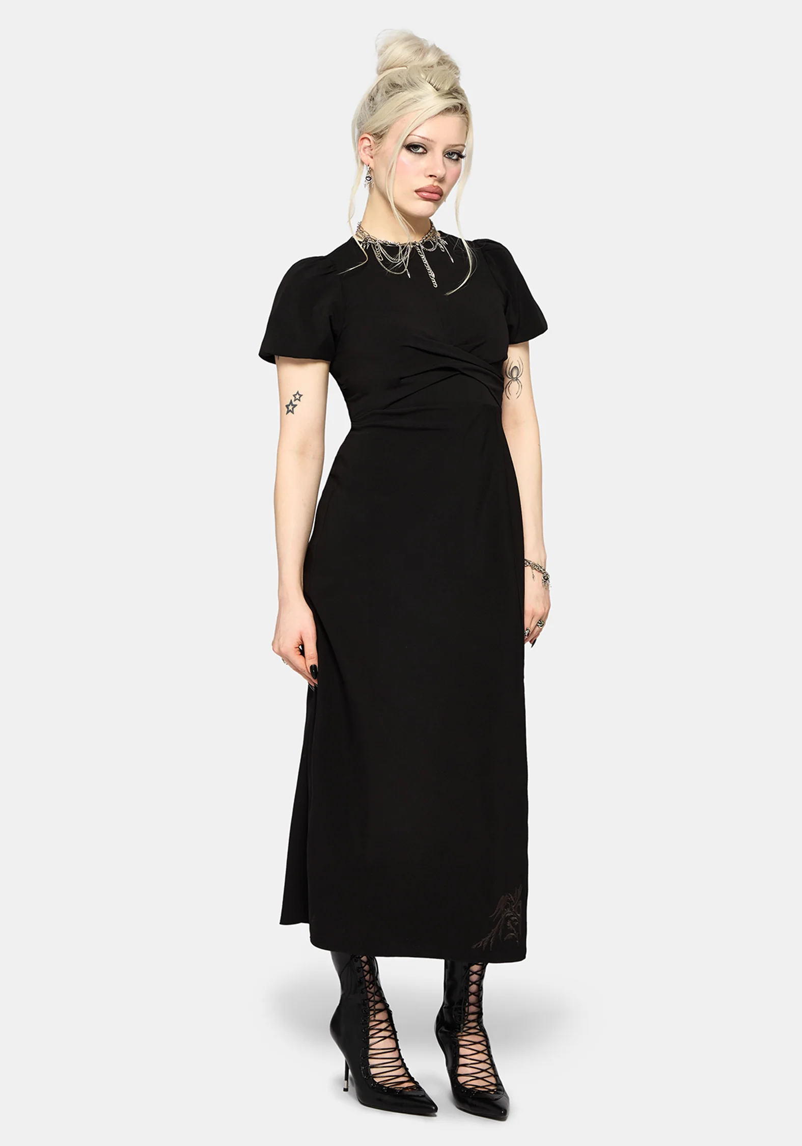 Aubrey Crow Skull Embroidered Twist Front Midi Dress - Image 5
