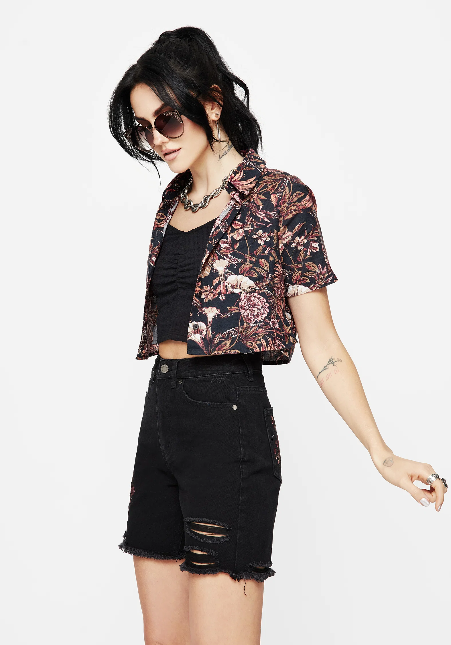 Bashe Cotton Floral Snake Print Short Sleeve Shirt - Image 5