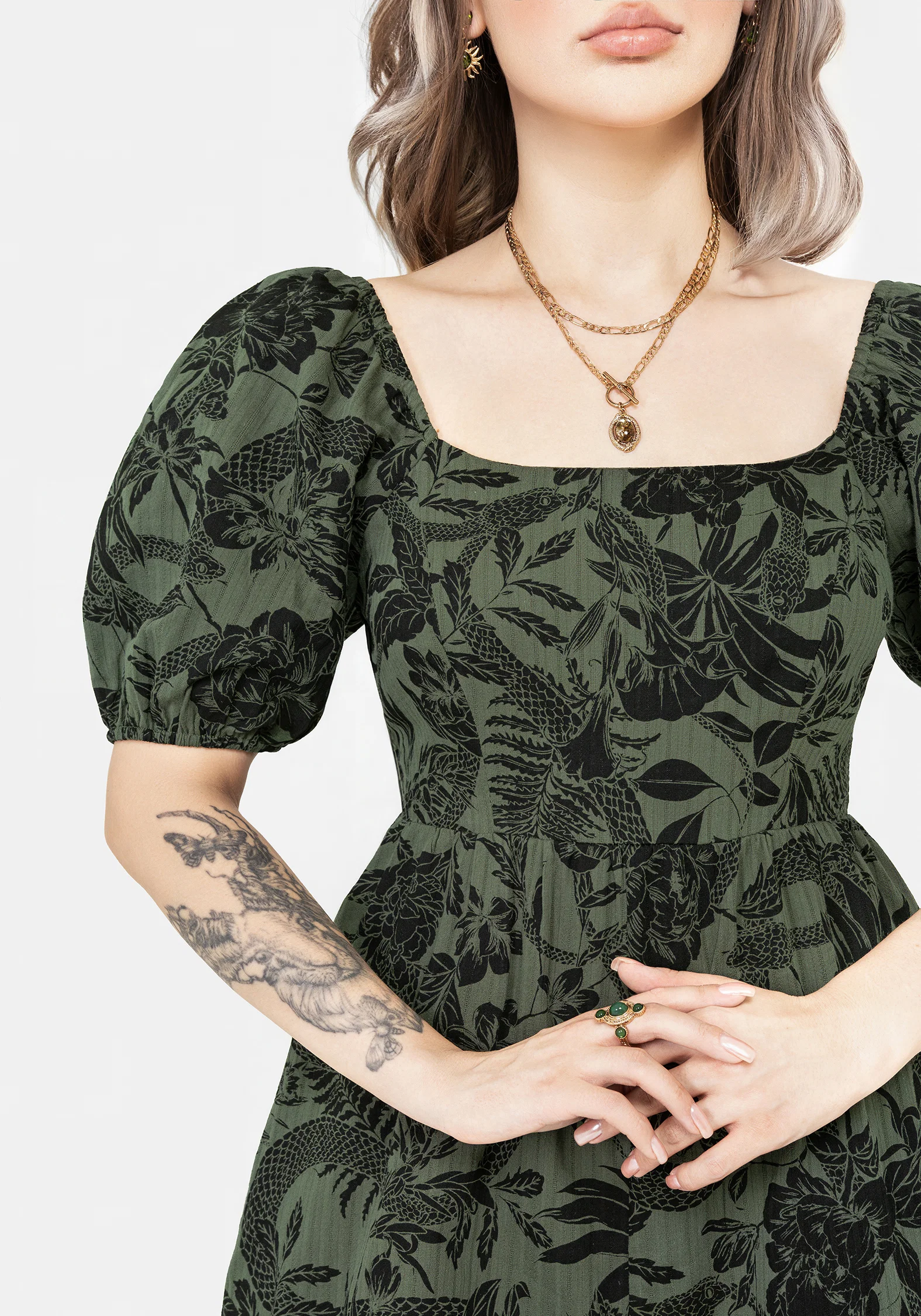 Bashe Cotton Puff Sleeve Playsuit - Green - Image 2