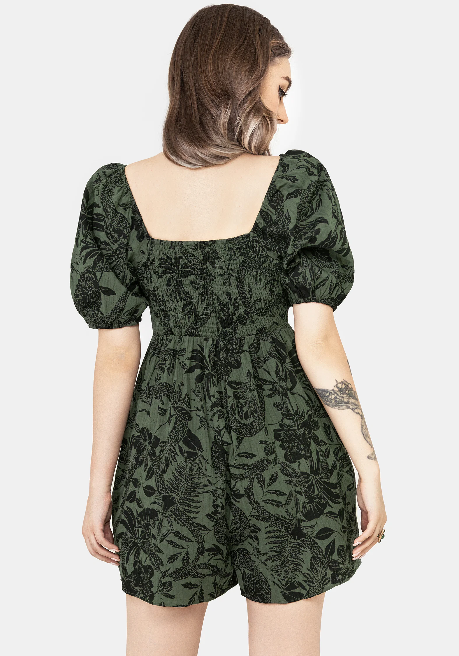 Bashe Cotton Puff Sleeve Playsuit - Green - Image 3