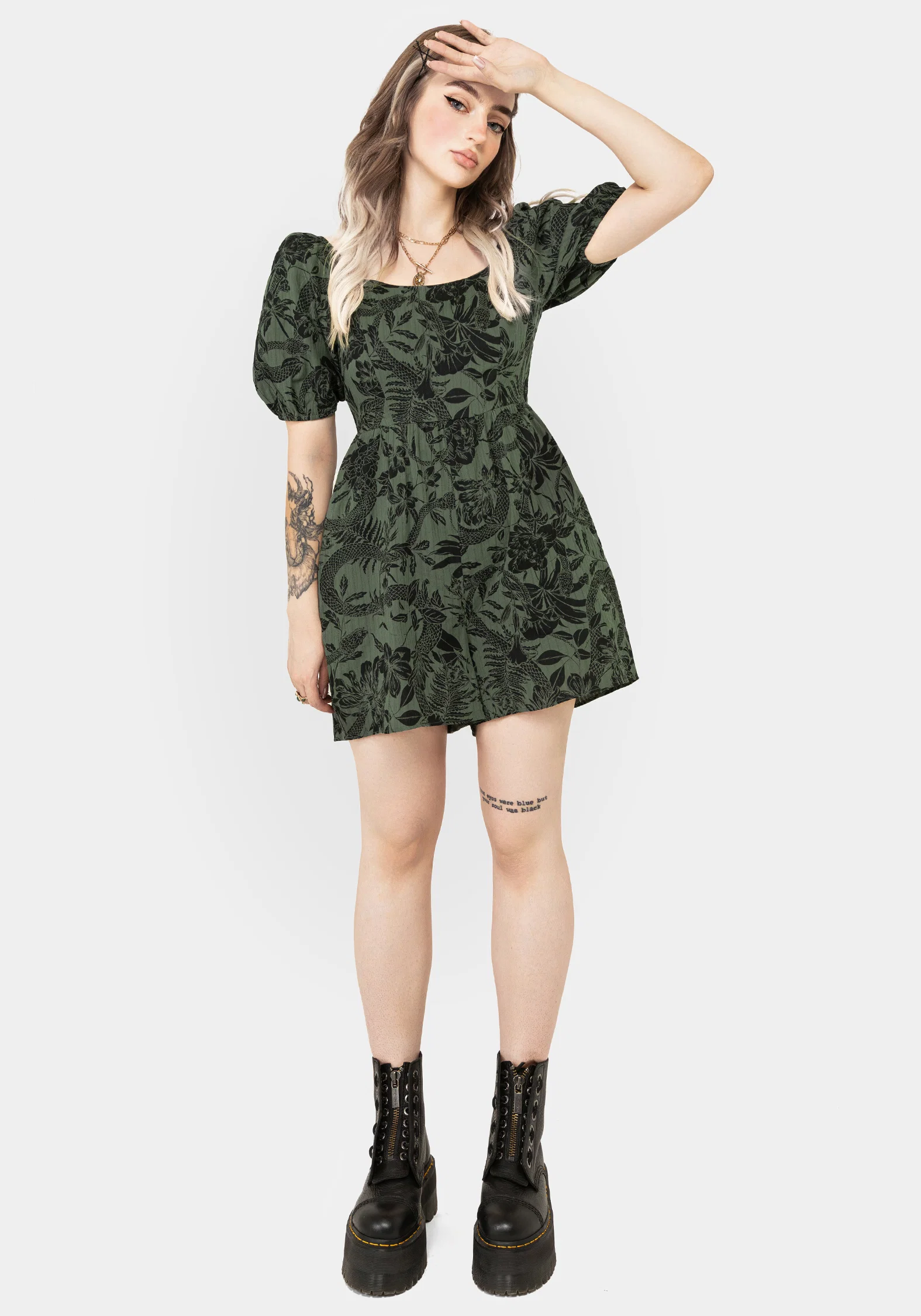 Bashe Cotton Puff Sleeve Playsuit - Green - Image 4