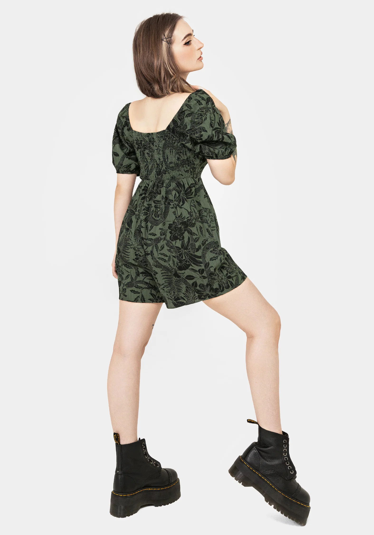 Bashe Cotton Puff Sleeve Playsuit - Green - Image 5