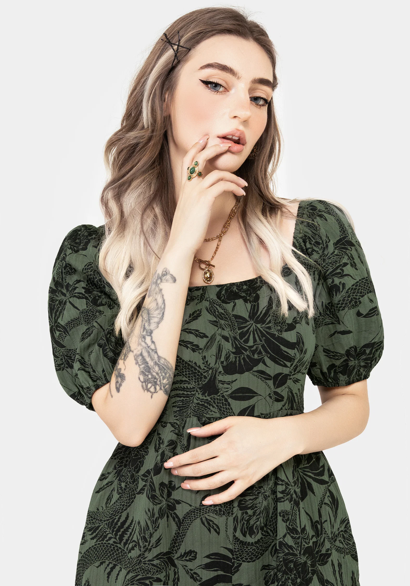 Bashe Cotton Puff Sleeve Playsuit - Green - Image 6