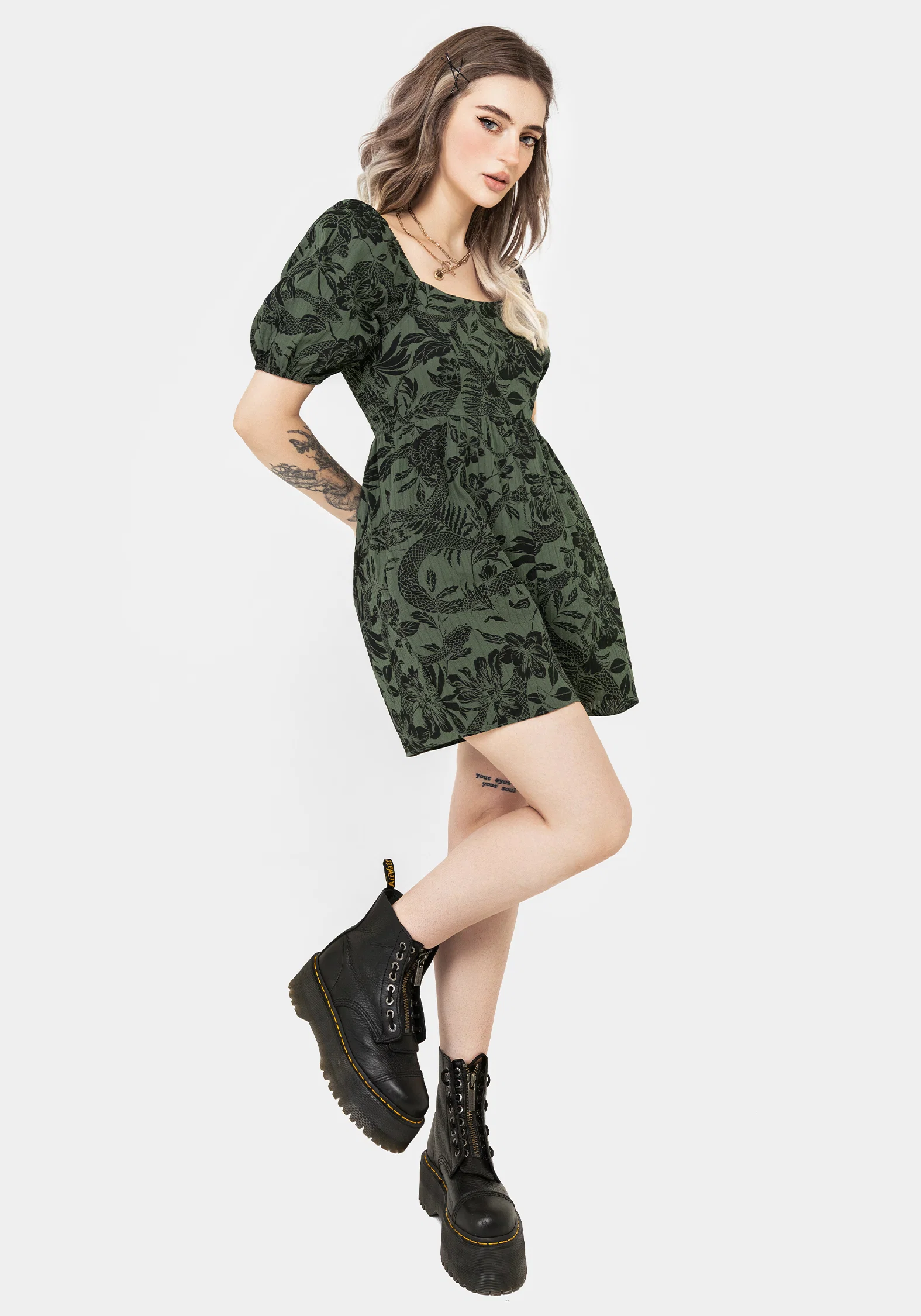 Bashe Cotton Puff Sleeve Playsuit - Green - Image 7