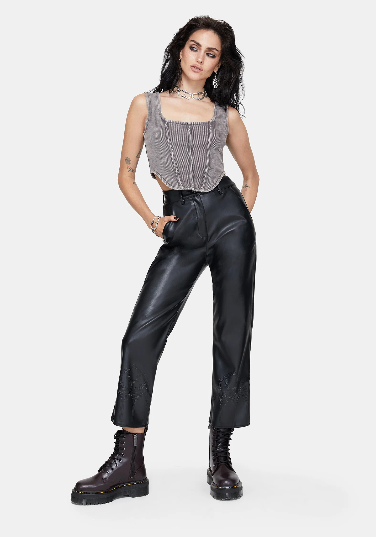 Blackwater Debossed Faux Leather Straight Leg Cropped Trousers - Image 7