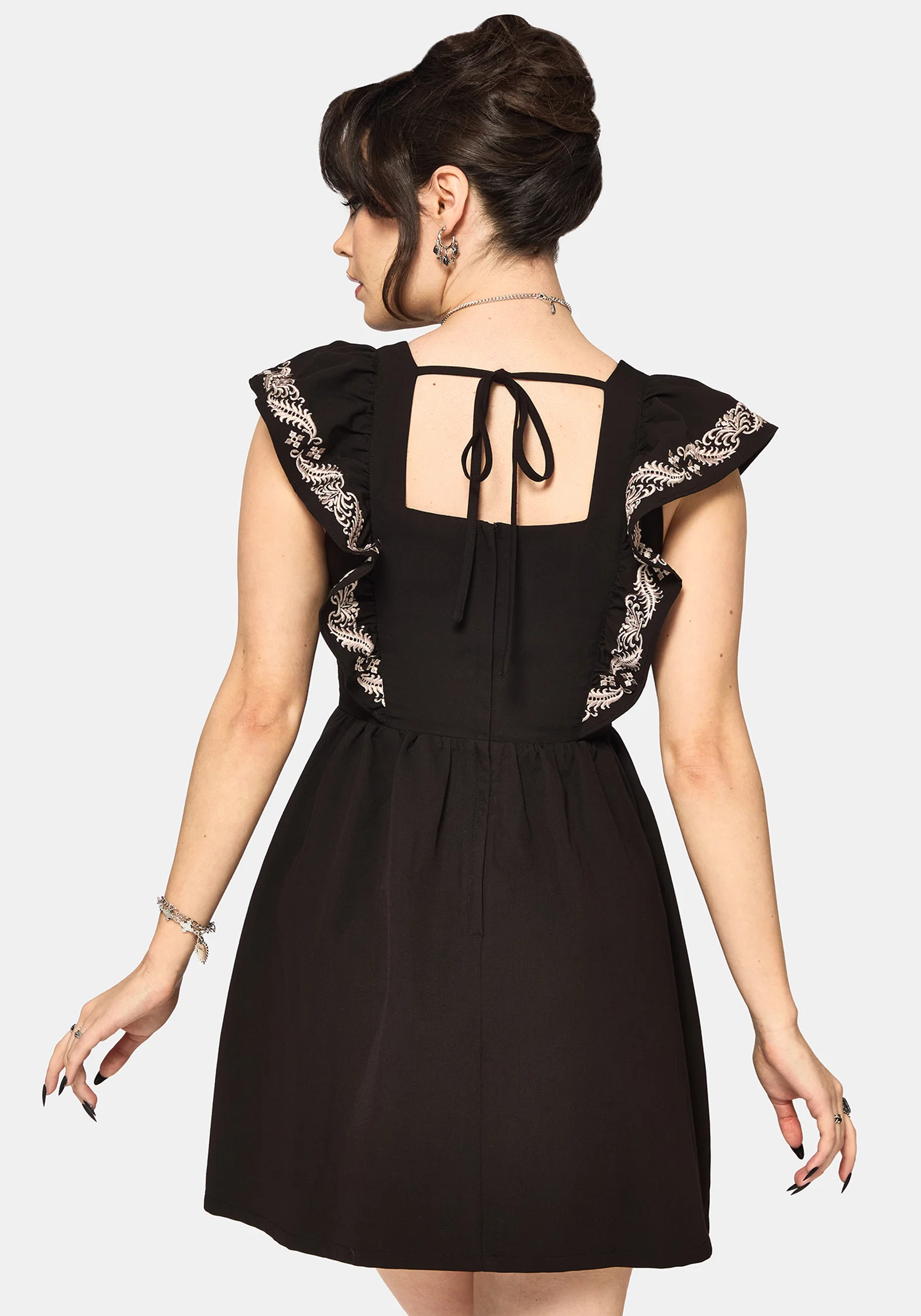 Bladeborn Embroidered Ruffle Front Mini Dress - Image 3