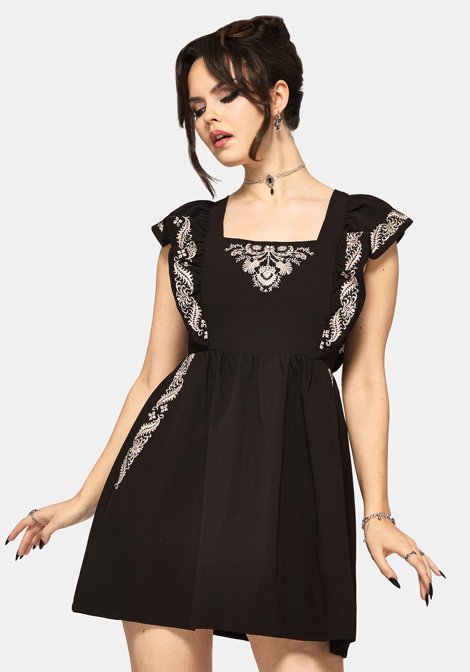 Bladeborn Embroidered Ruffle Front Mini Dress - Image 4