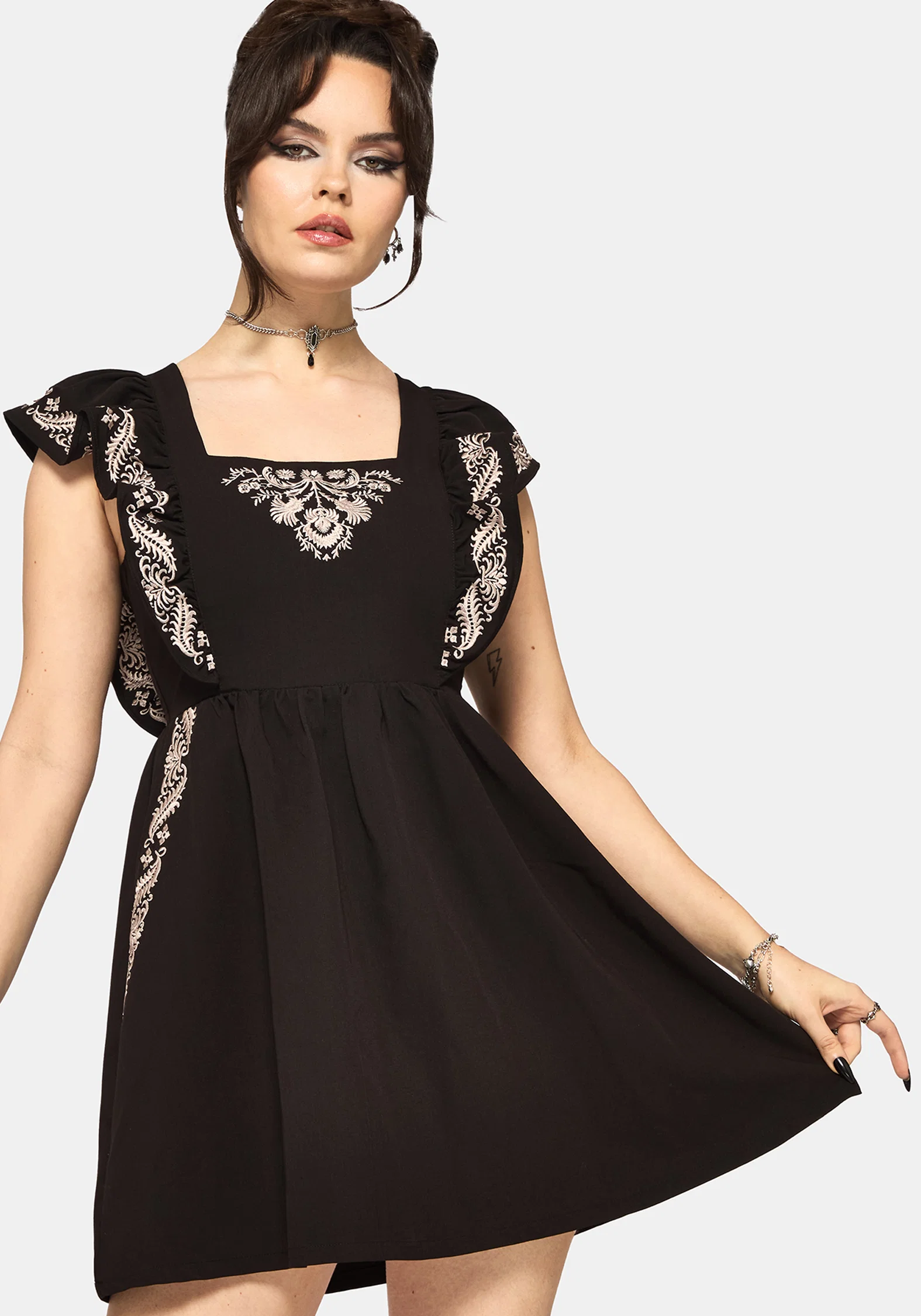 Bladeborn Embroidered Ruffle Front Mini Dress - Image 5