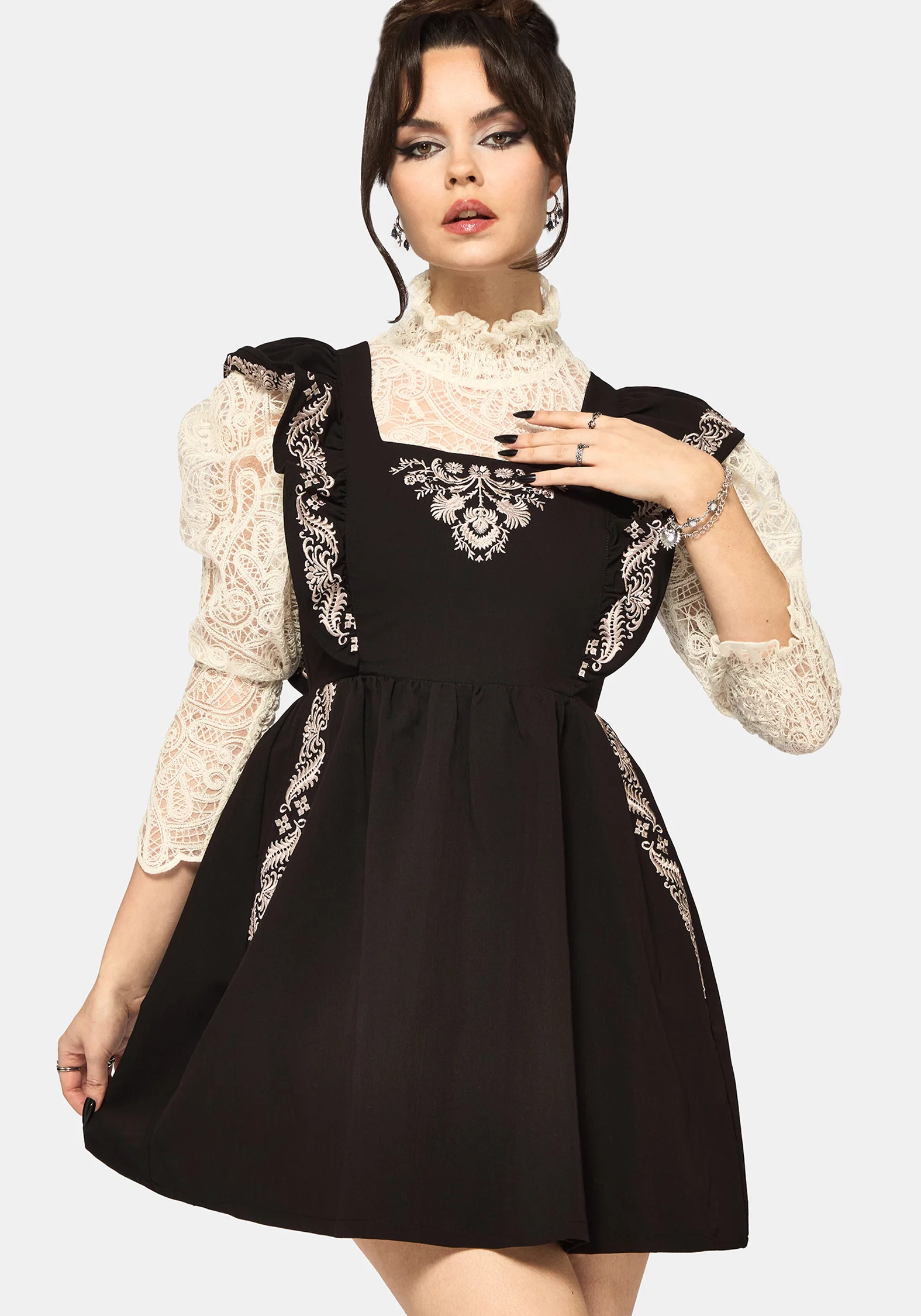 Bladeborn Embroidered Ruffle Front Mini Dress - Image 7