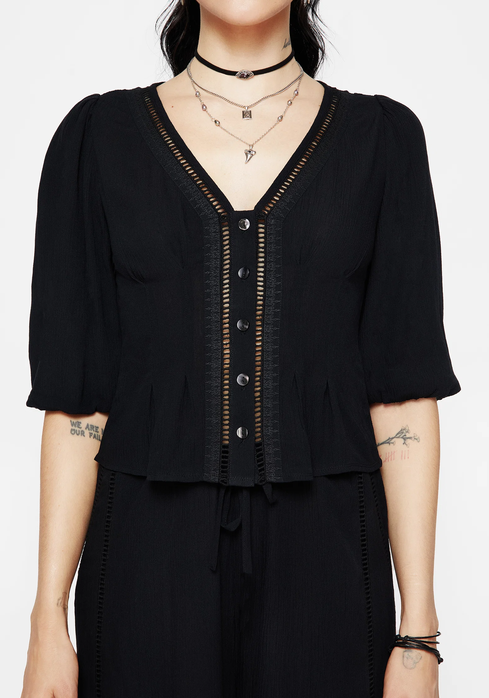 Blessing Lace Trim Tapered Waist Blouse Top - Image 6
