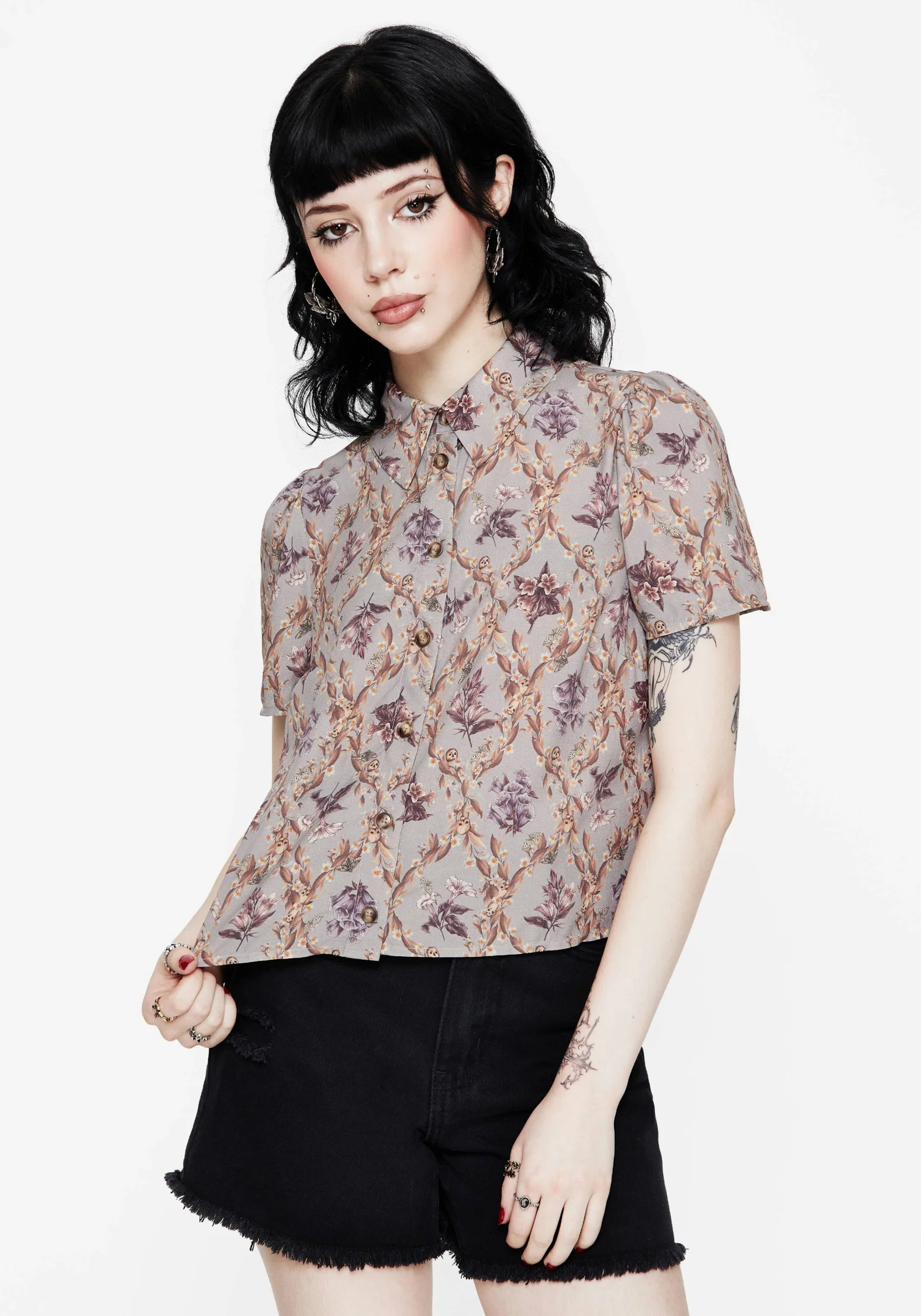 Blossom Floral Tile Printed Cropped Button Up Shirt - Image 4