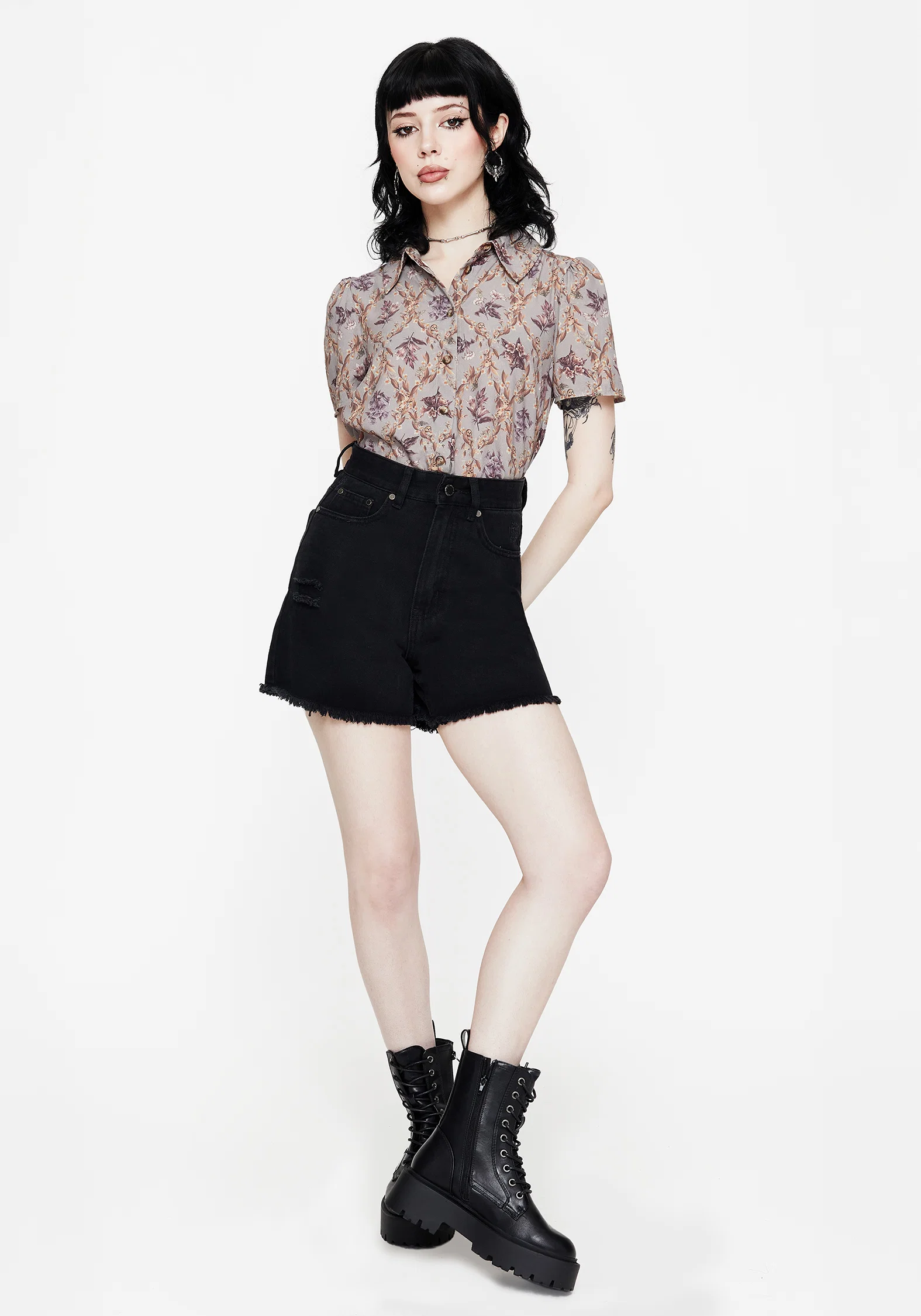 Blossom Floral Tile Printed Cropped Button Up Shirt - Image 5