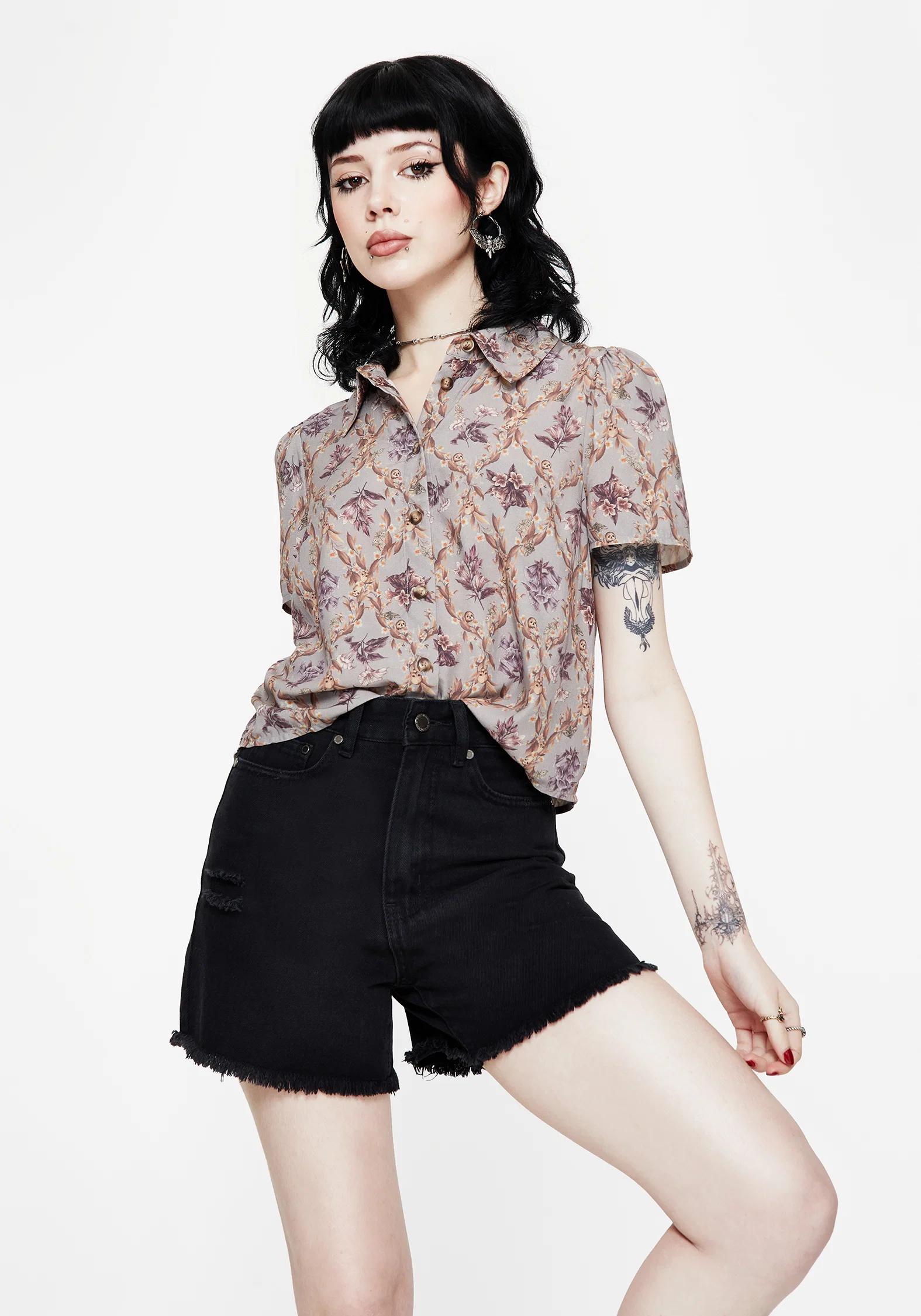 Blossom Floral Tile Printed Cropped Button Up Shirt - Image 6