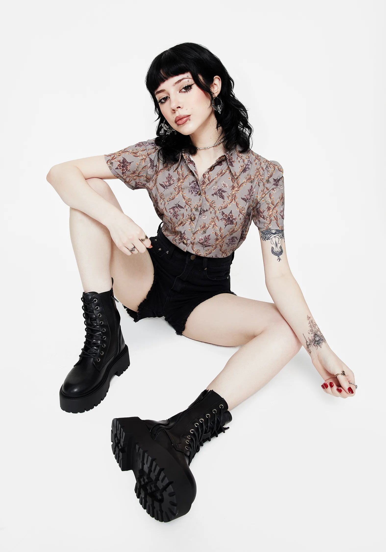 Blossom Floral Tile Printed Cropped Button Up Shirt - Image 7