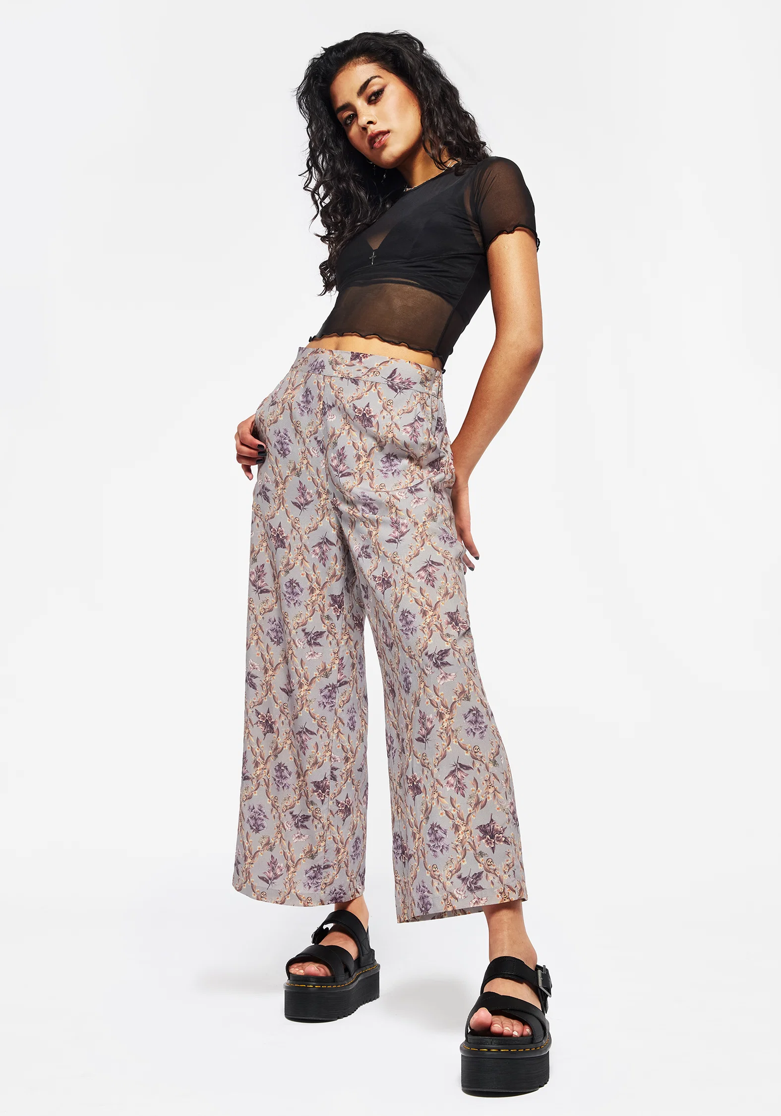 Blossom Floral Tile Printed Wide Leg Culotte Trousers - Image 4