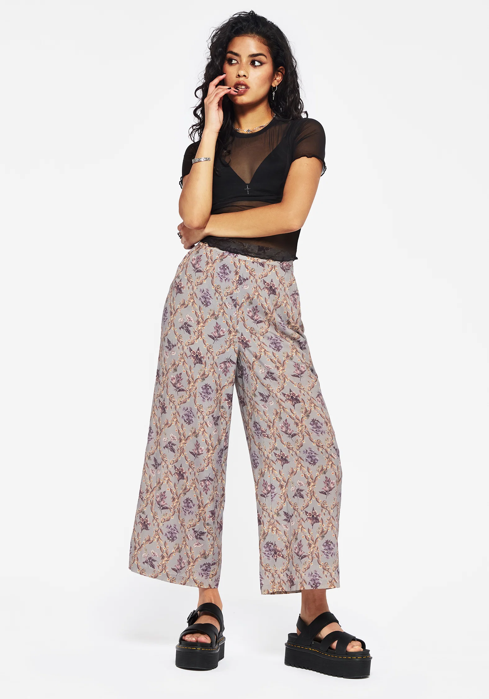 Blossom Floral Tile Printed Wide Leg Culotte Trousers - Image 5