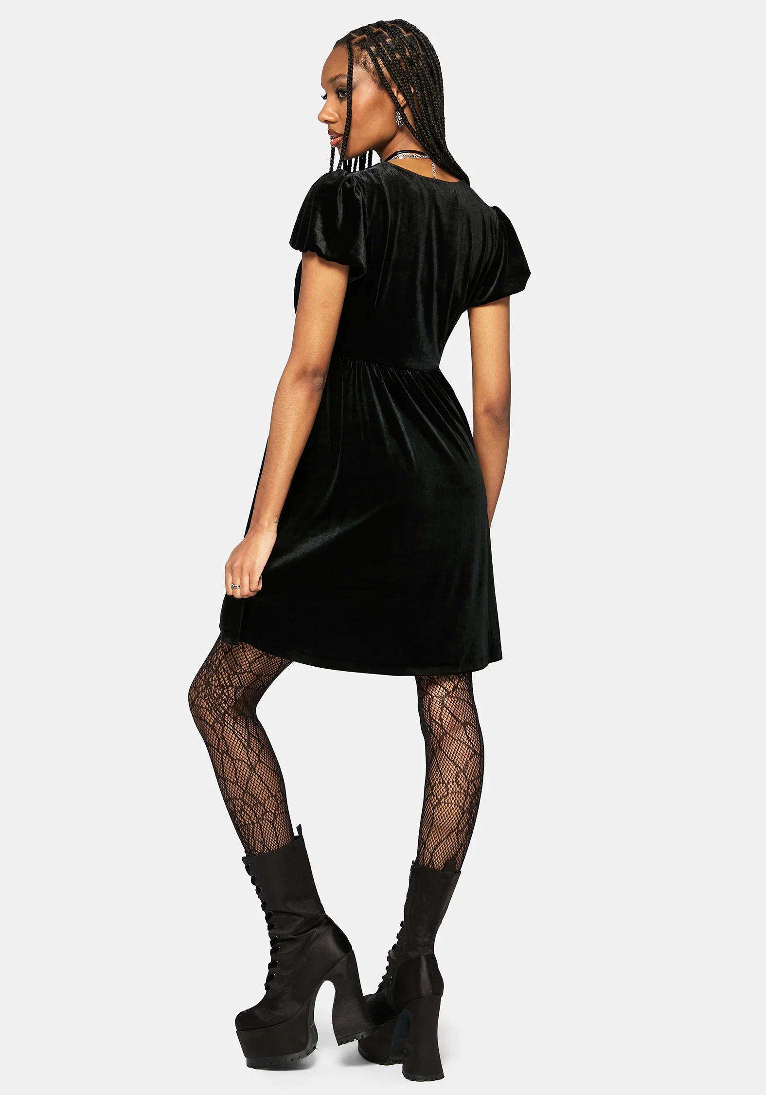 Bluesow Feather & Thistles Embroidered Puff Sleeve Velour Mini Dress - Image 3