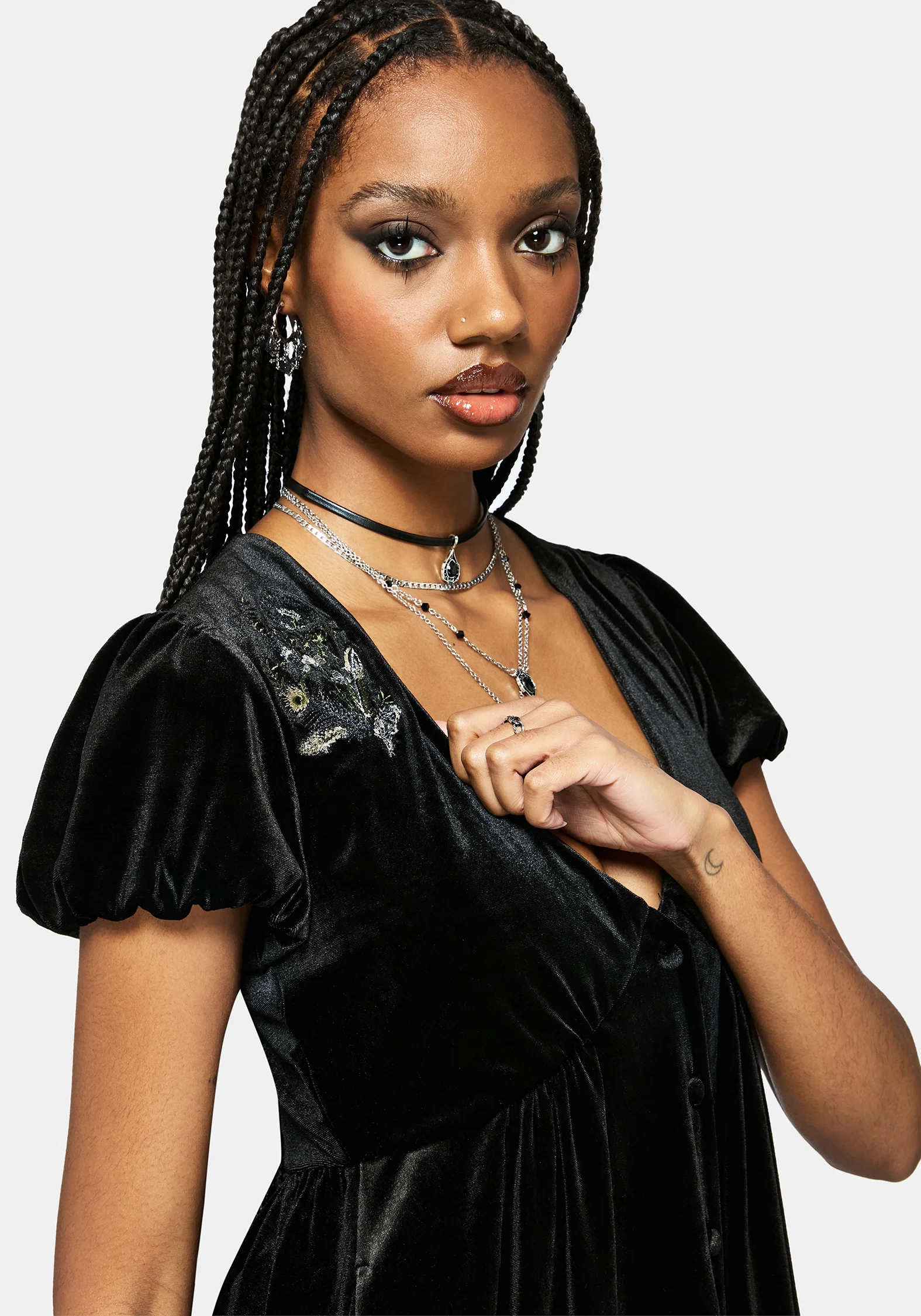 Bluesow Feather & Thistles Embroidered Puff Sleeve Velour Mini Dress - Image 4