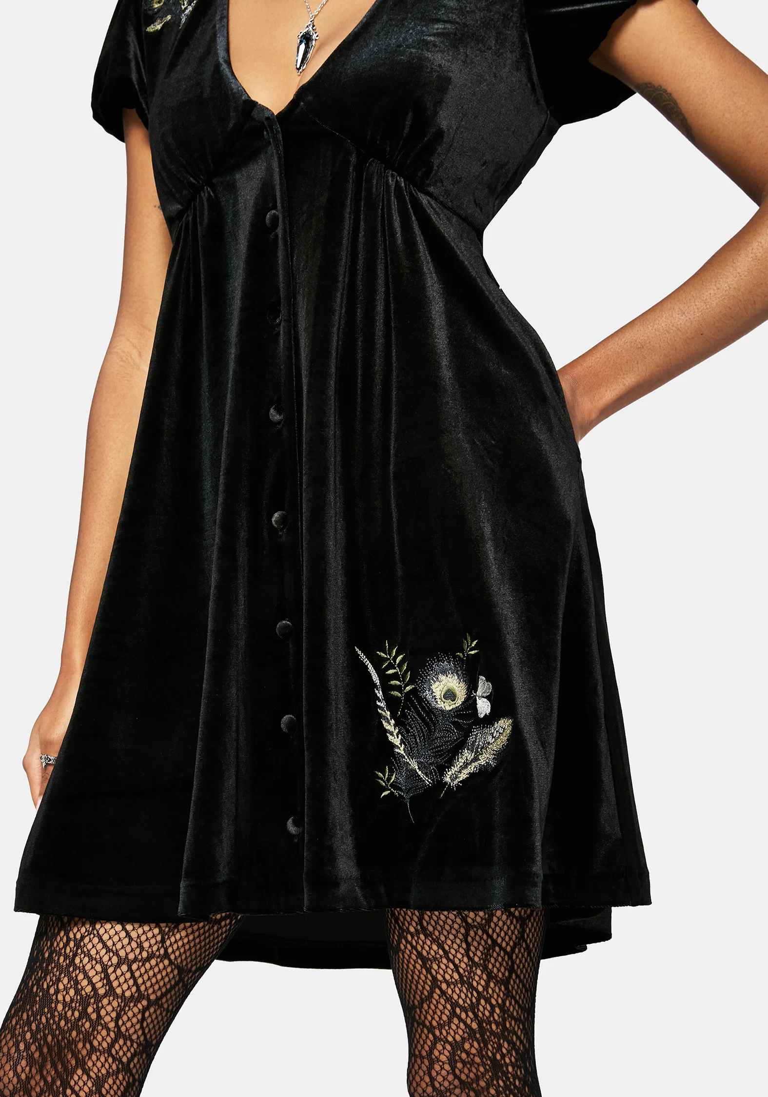 Bluesow Feather & Thistles Embroidered Puff Sleeve Velour Mini Dress - Image 7