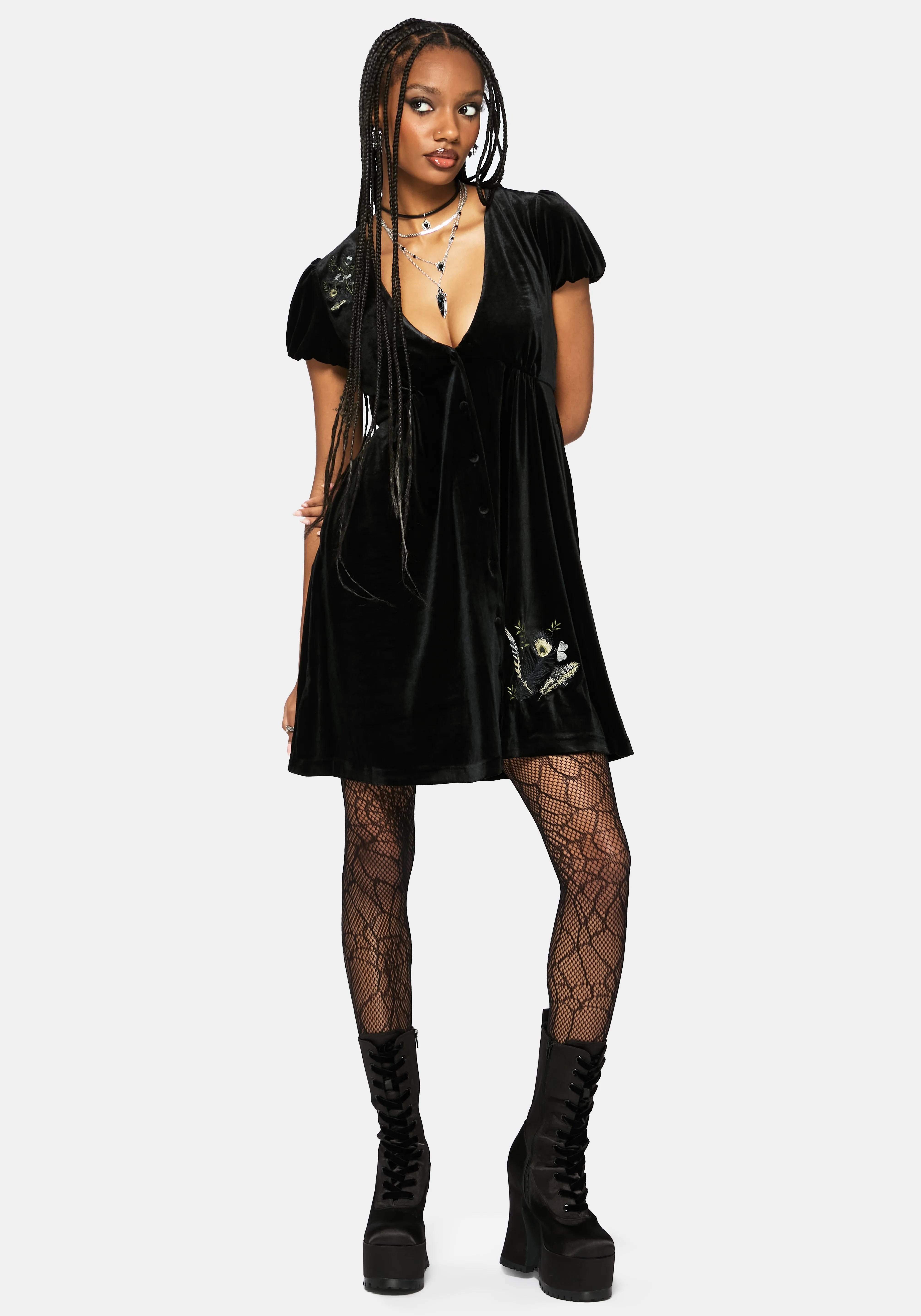 Bluesow Feather & Thistles Embroidered Puff Sleeve Velour Mini Dress - Image 8