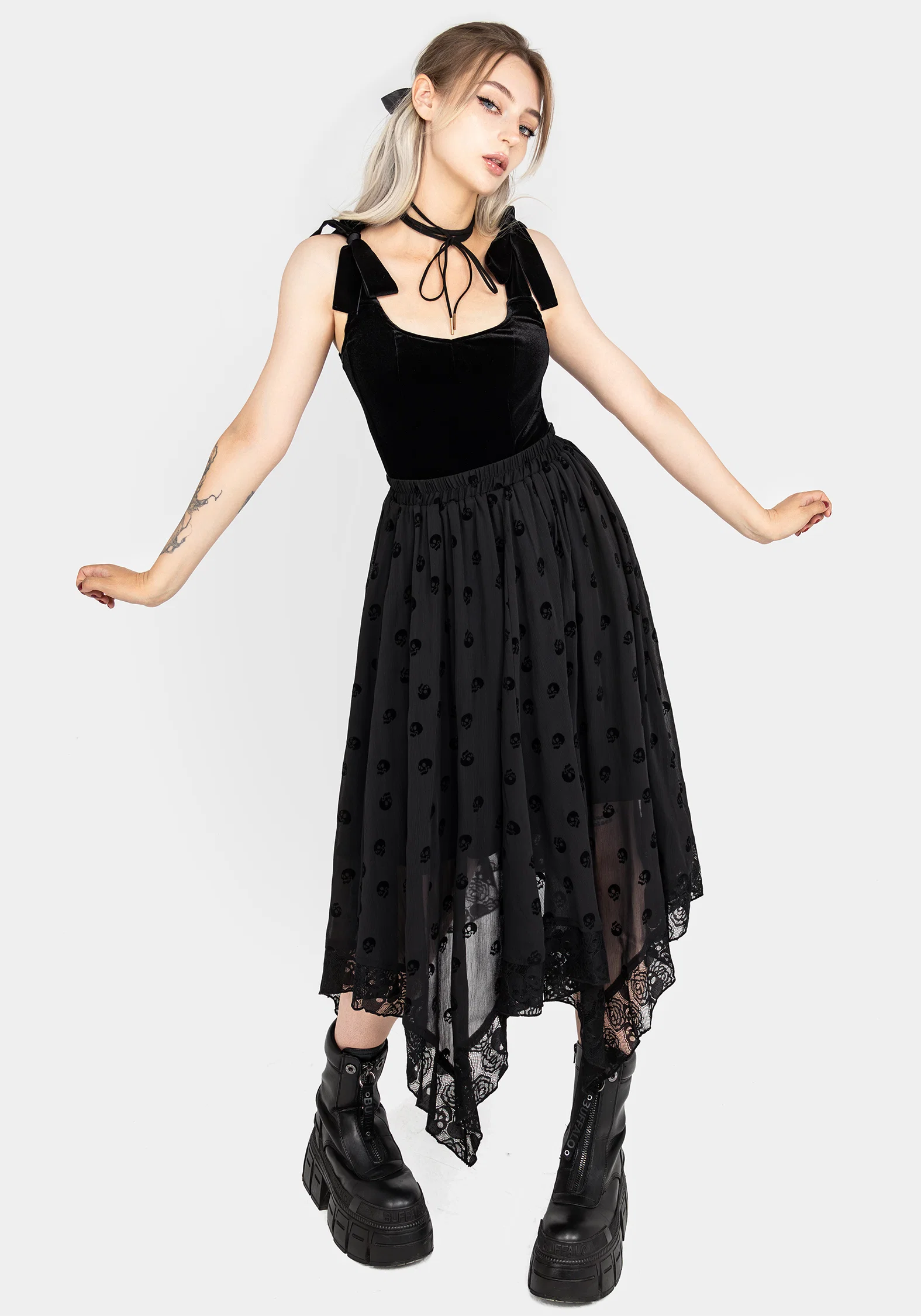 Bones Flocked Chiffon Handkerchief Hem Skirt - Image 4