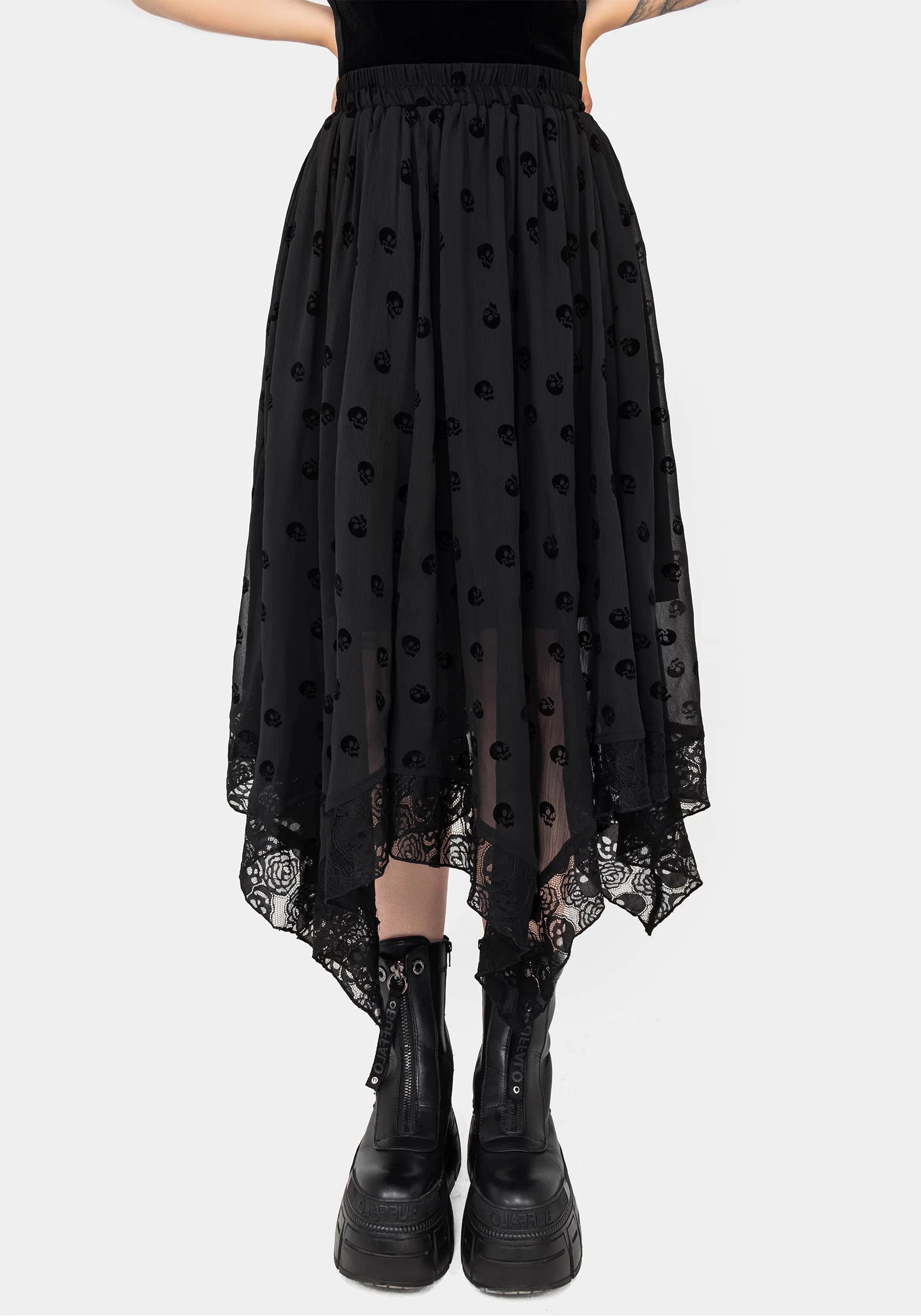 Bones Flocked Chiffon Handkerchief Hem Skirt - Image 5