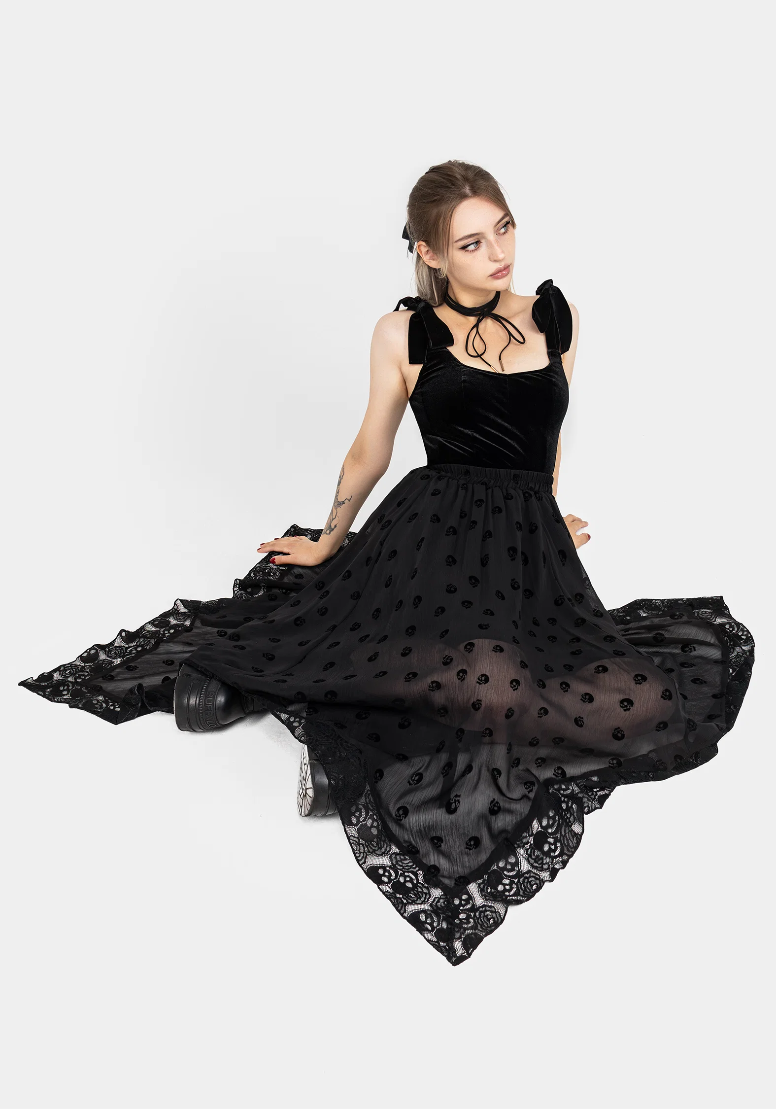 Bones Flocked Chiffon Handkerchief Hem Skirt - Image 8