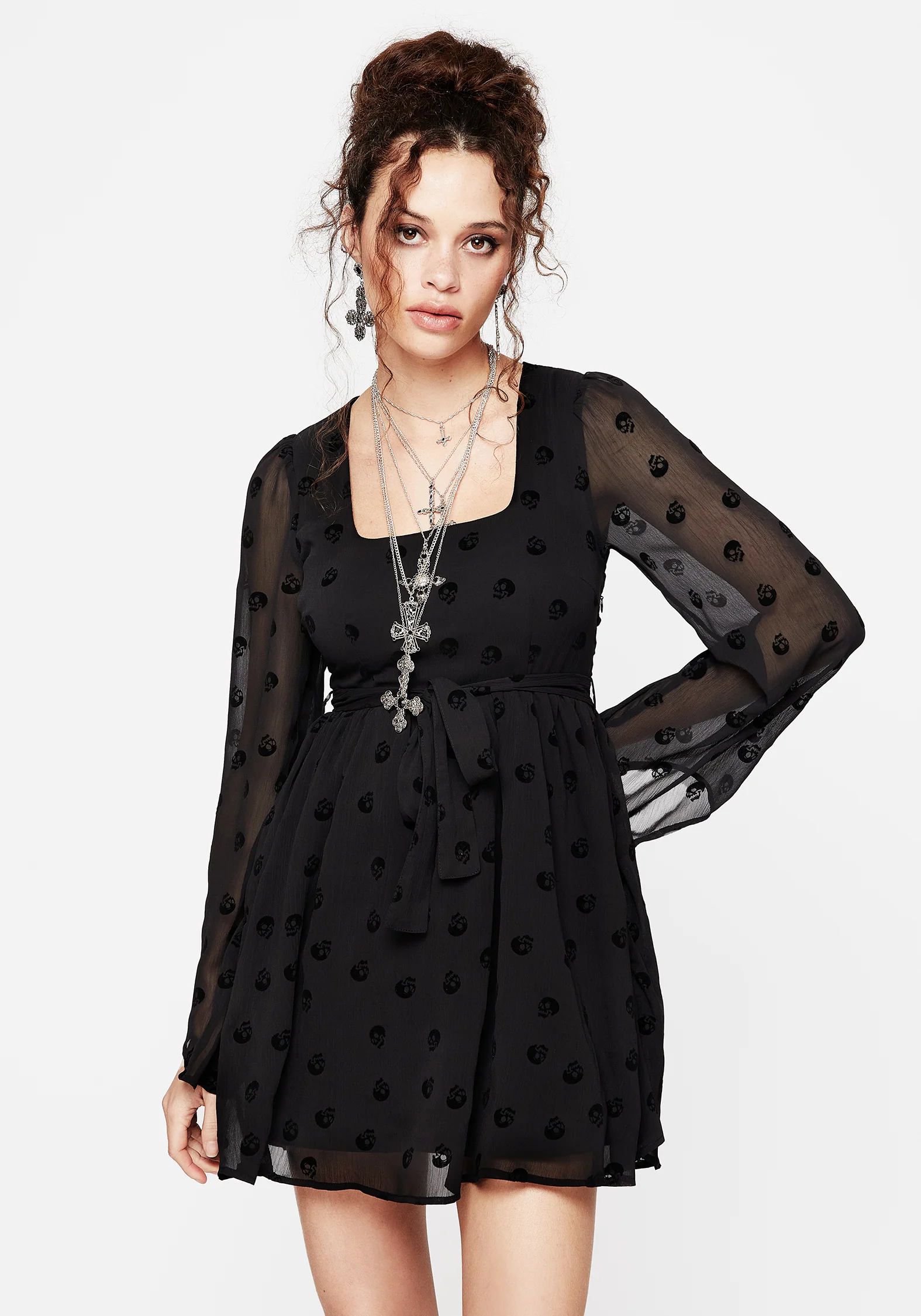 Bones Flocked Chiffon Mini Dress - Image 3