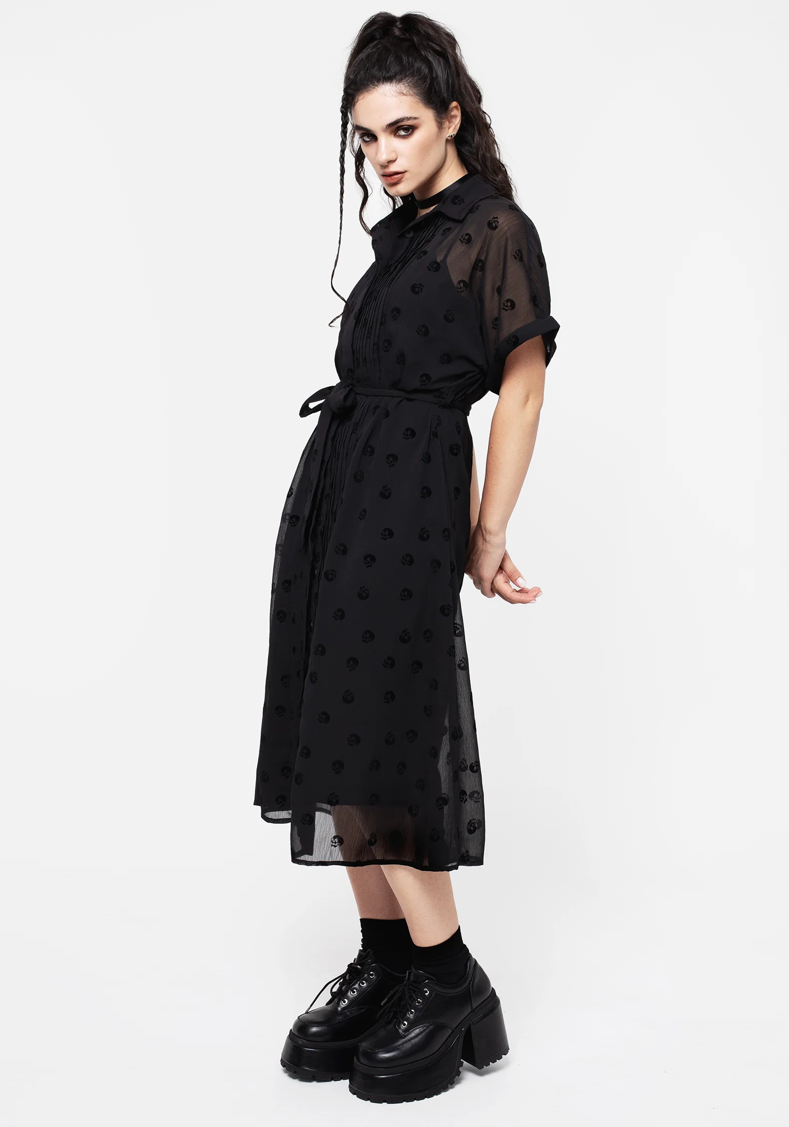 Bones Flocked Pintuck Chiffon Midi Shirt Dress - Image 4