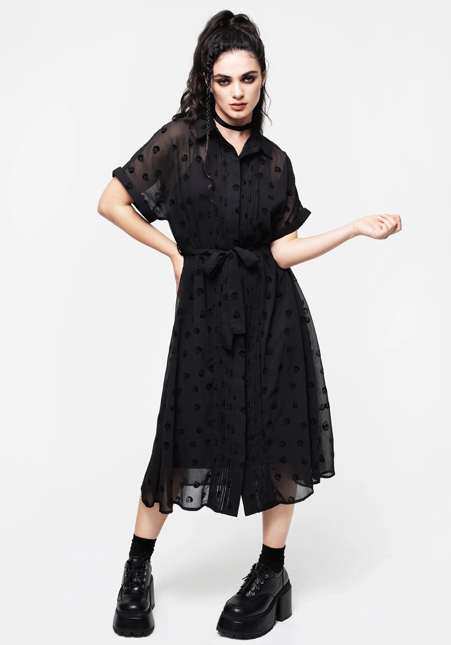 Bones Flocked Pintuck Chiffon Midi Shirt Dress - Image 6