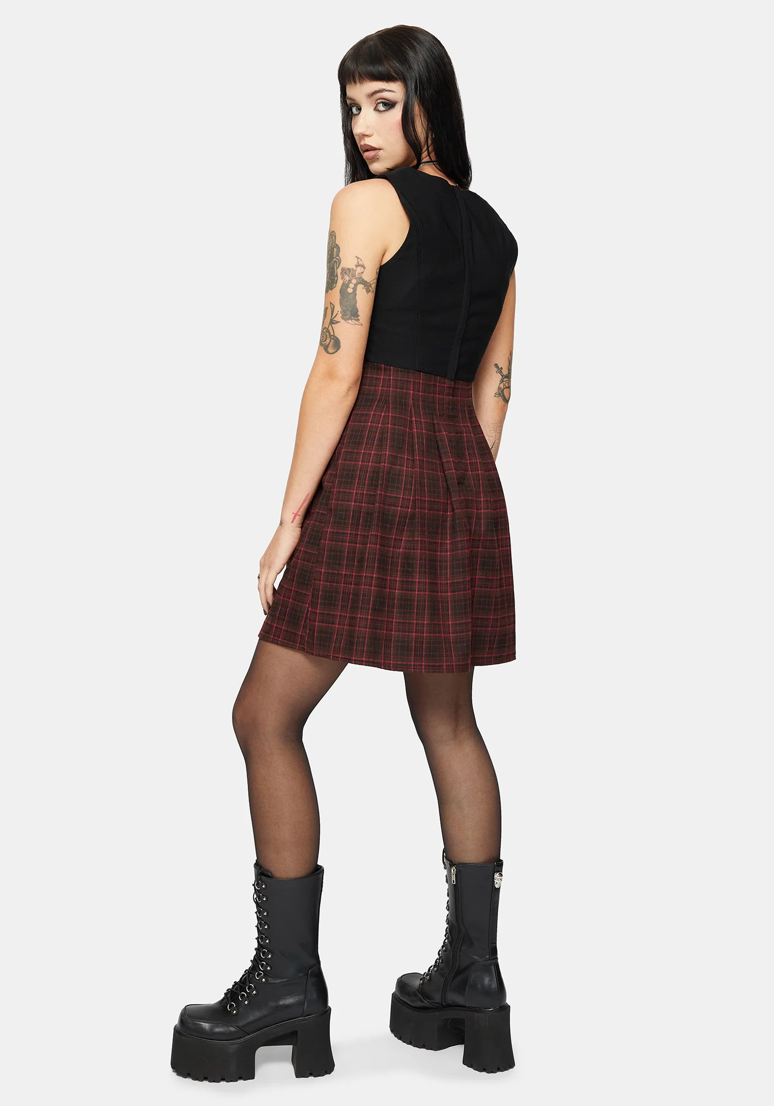 Bonnie Mixed Corset Check Pleated Mini Dress - Image 3